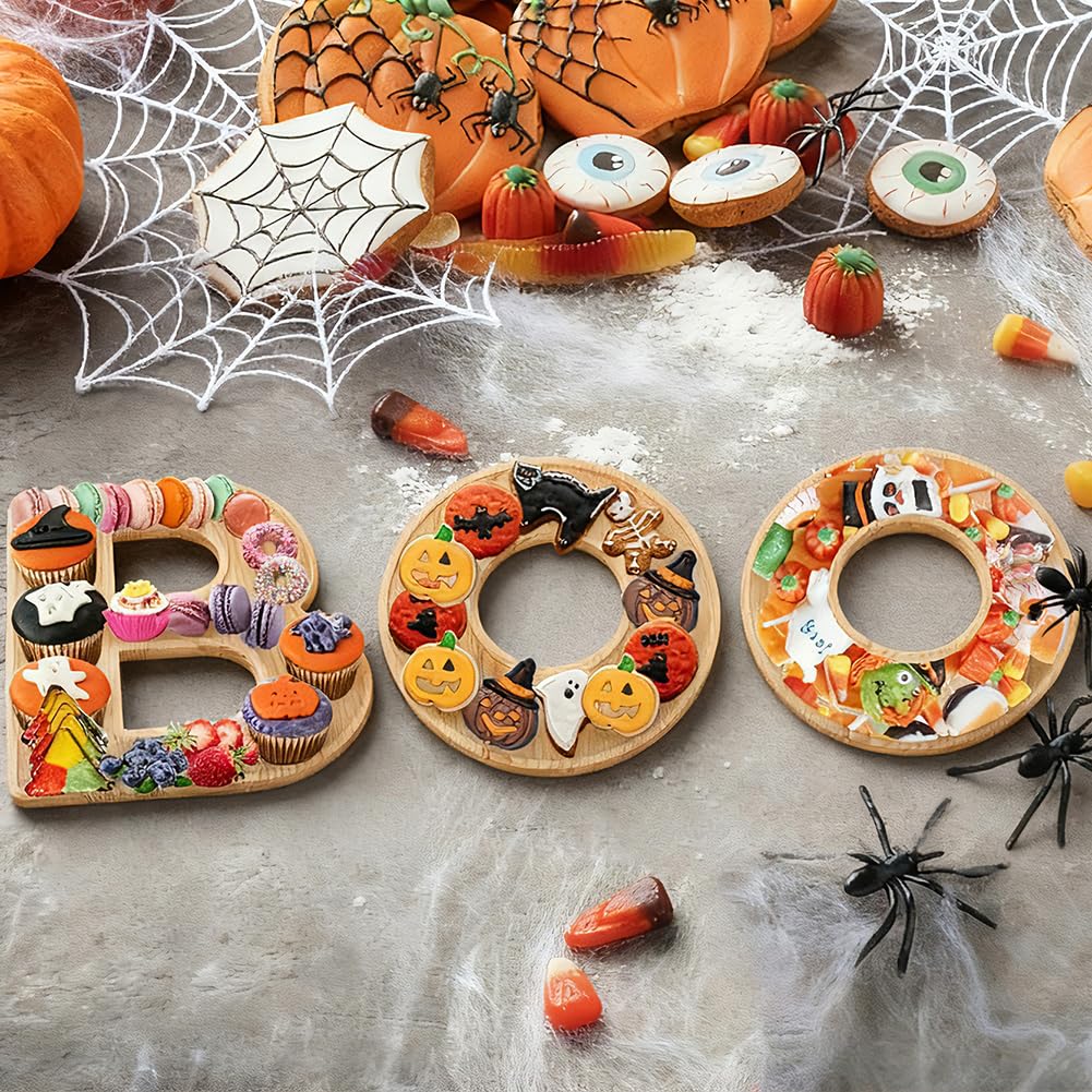 3pcs The Letters Boo Wooden Charcuterie Board, 12 Inch Larger Halloween Food Trays, Fillable The Letters Shaped Serving Platter for Snack Candy Cookie Dessert, Perfect for Halloween Party Decoration