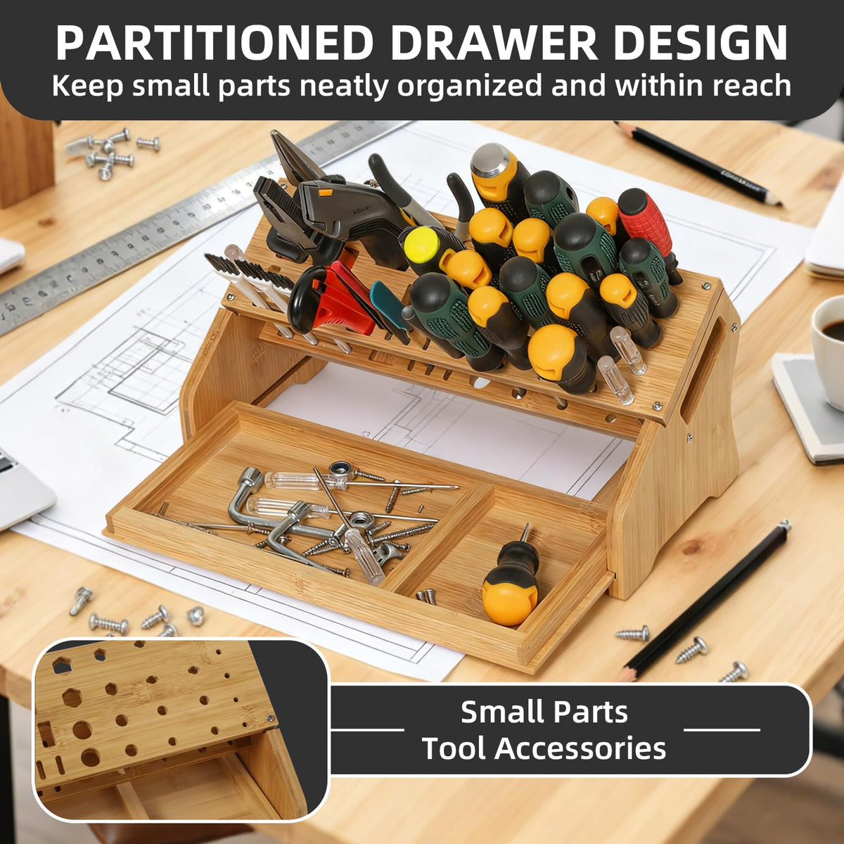 ValuXpro Bamboo Screwdriver Organizer - Tool Storage Organizer Workbench Desktop Rack - Hand Piler Tools Storage Holder -Standard Size