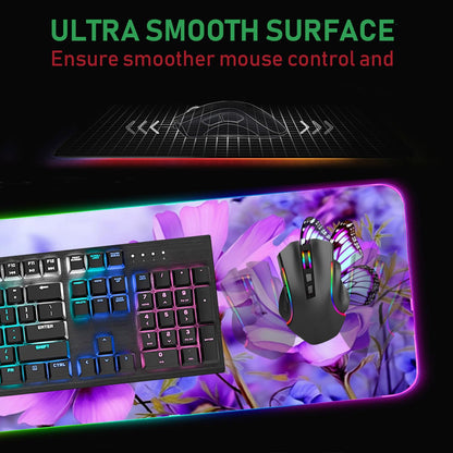 Bosness RGB Gaming Mouse Pad and Coffee Coaster, XXL Large Glowing LED Mousepad, Anti-Slip Rubber Base, Computer Keyboard Desk Mouse Mat 31.5 X 11.8 Inch - Purple Flowers and Butterfly