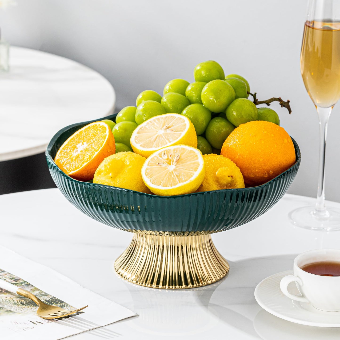 CCATSIX Ceramic Fruit Bowl,10” Pedestal Bowl, Decorated Fruit Tray for Kitchen Counter and Dining Table, Footed Bowls for Afternoon Tea Parties, Bread and Salad Bowl with Golden Feet. (green)
