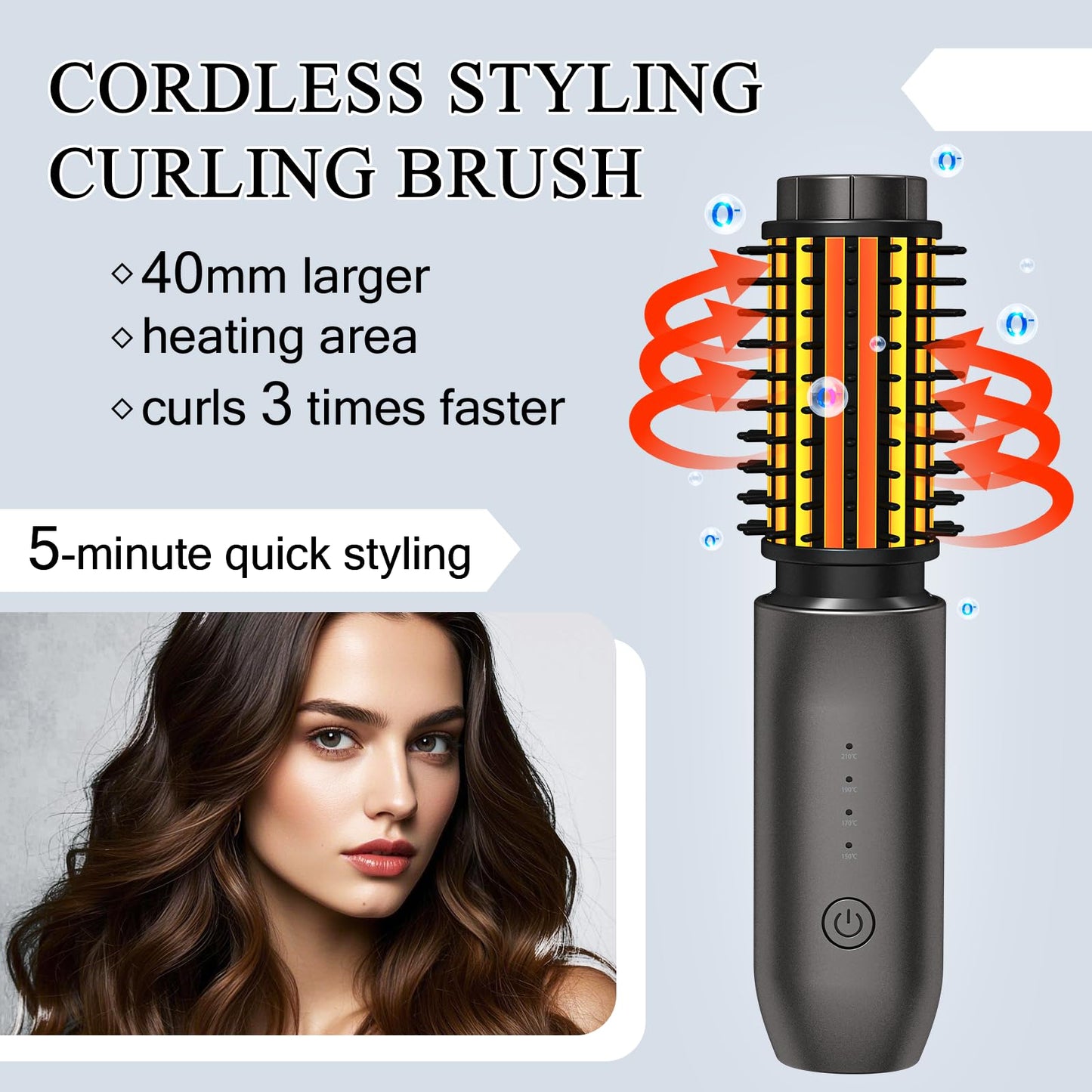 Cordless Hair Curling Iron Brush, Travel Curl Brush, 3-in-1 Portable Curling Iron Cordless, Plasma Thermal Hair Brush, 7000mAh USB Rechargeable Curlings Wand, Mini Hot Curlings Brush-Blush Pink