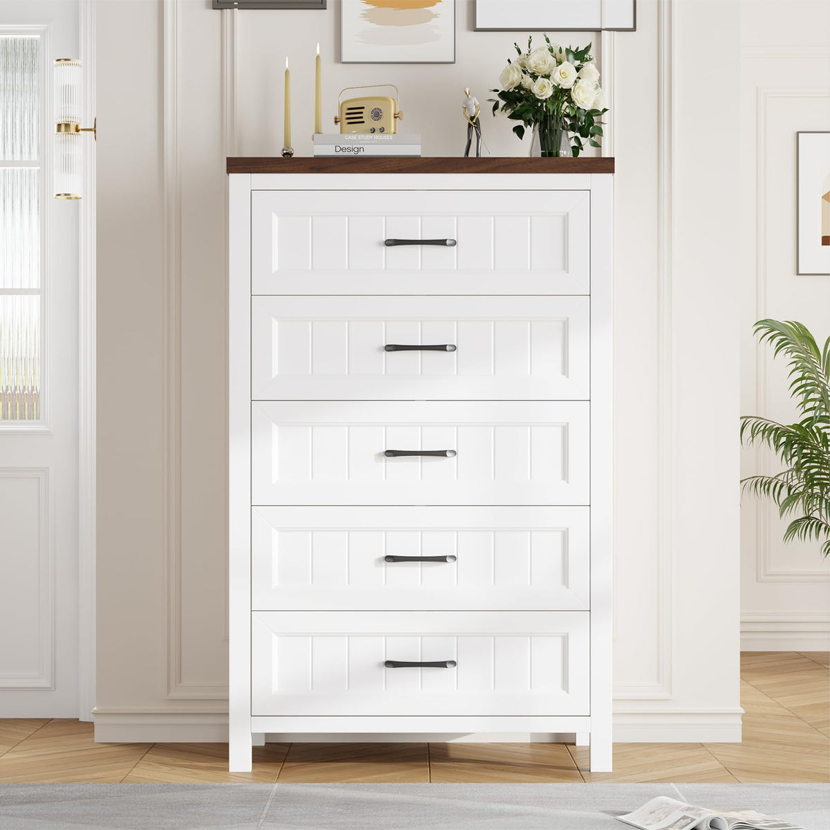 Jocoevol 5 Drawer Dresser for Bedroom - Farmhouse 44.9" Tall Chest of Dresser with Large Storage, Rubst Wood Construction for Living Room, Hallway & Entryway - White (White & Brown)