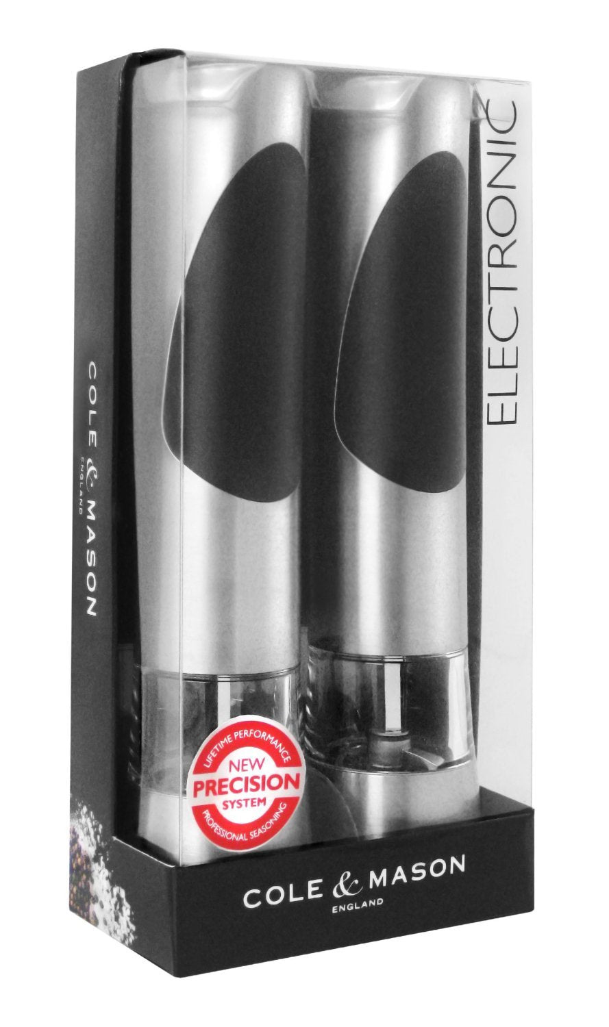 Cole & Mason Richmond Electronic Salt & Pepper Mill Gift Set - One-Button Electric Spice Grinder with Large Grinding Chamber - Requires 6 AAA Batteries - Hand Wash Kitchen Tool - Stainless Steel