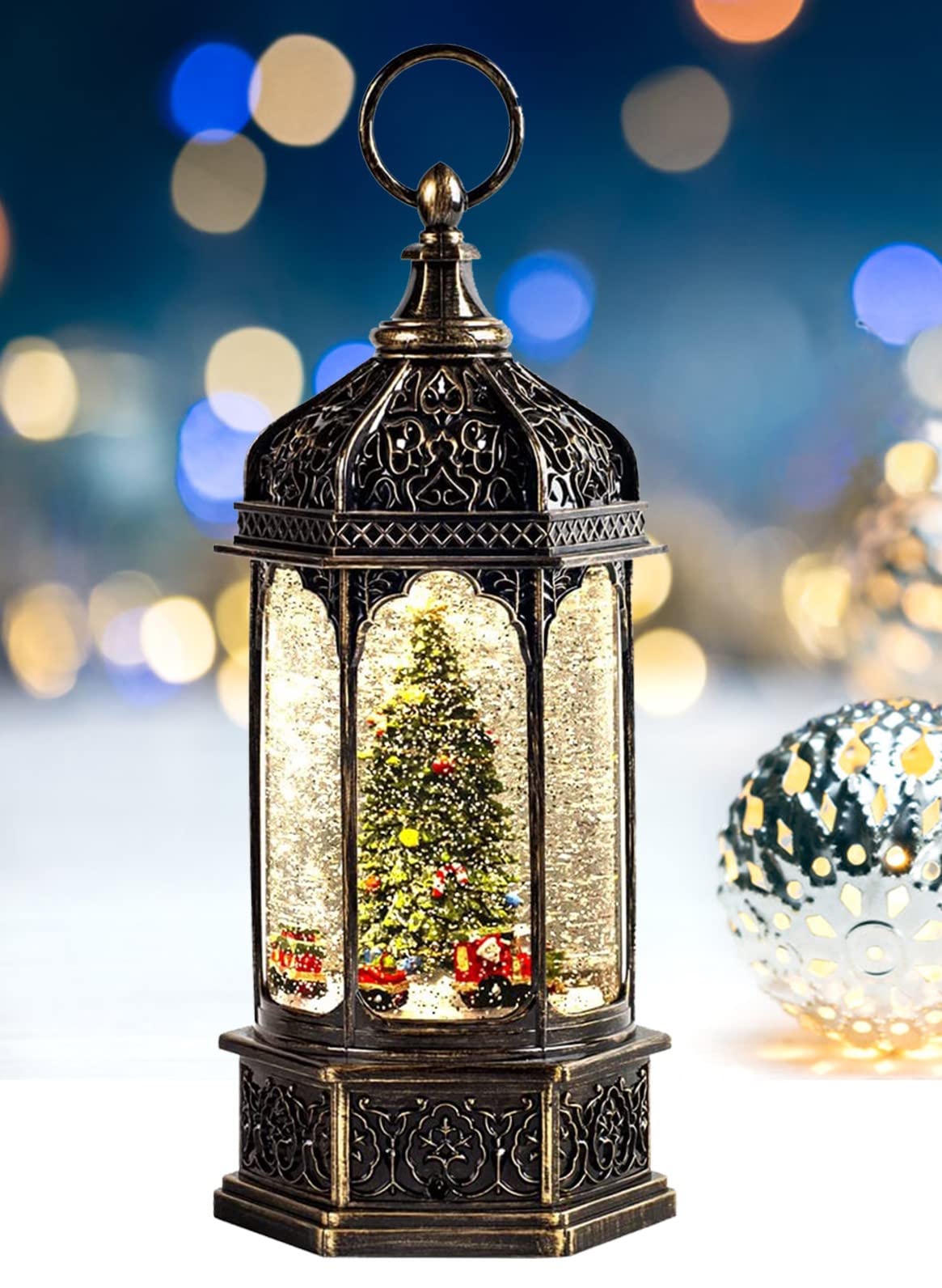 Musical Christmas Tree Snow Globe with Timer, Decorative Trains Rotate with Music, Christmas Ornaments Music Box for Friends, Women, Adults, 12.7''