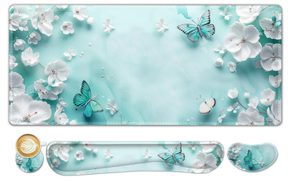 ToLuLu Large Mouse Pad Desk Pad Set, Wrist Rest Support Desk Mat for Keyboard and Mouse, 4PCS 35.4”x15.7 XXL Giant Mouse Pad, Non-Slip Base Stitched Edges Mousepad for Home Office, Teal Butterfly