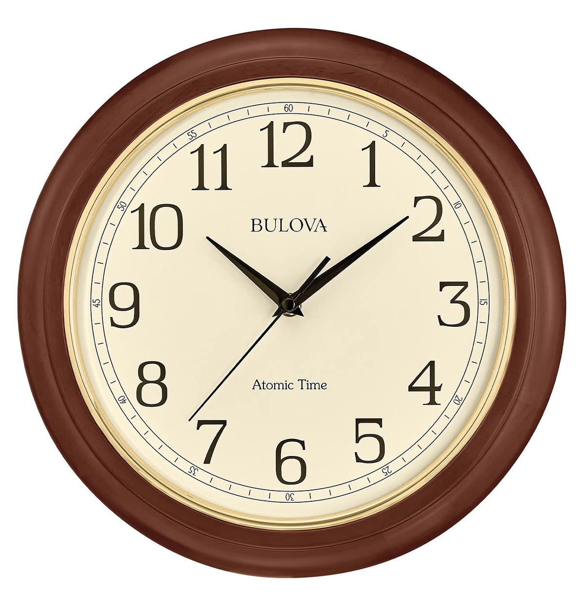 Bulova Atomic Time 2 Analog Wall Clock C5004 | 12.4" Wooden Frame, Sets Time Automatically | Quartz Movement | Battery Operated | Classic Design
