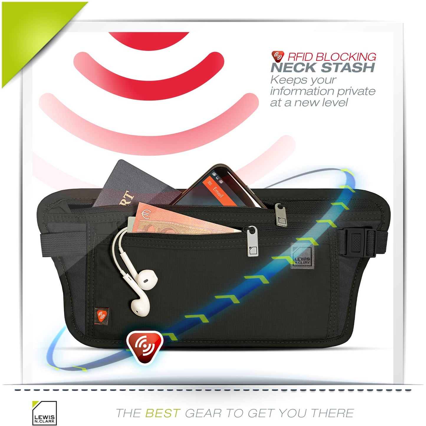 Lewis N. Clark RFID Blocking Money Belt Travel Pouch Waist Stash + Credit Card, Id, Passport Holder for Women & Men, Black, One Size