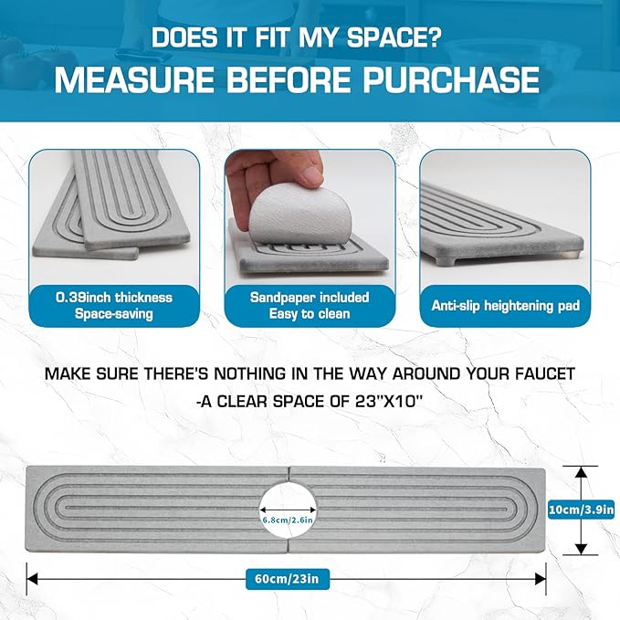 Faucet Mat for Kitchen Sink, Diatomite Quick Drying Tray, Long 23.6'' Kitchen