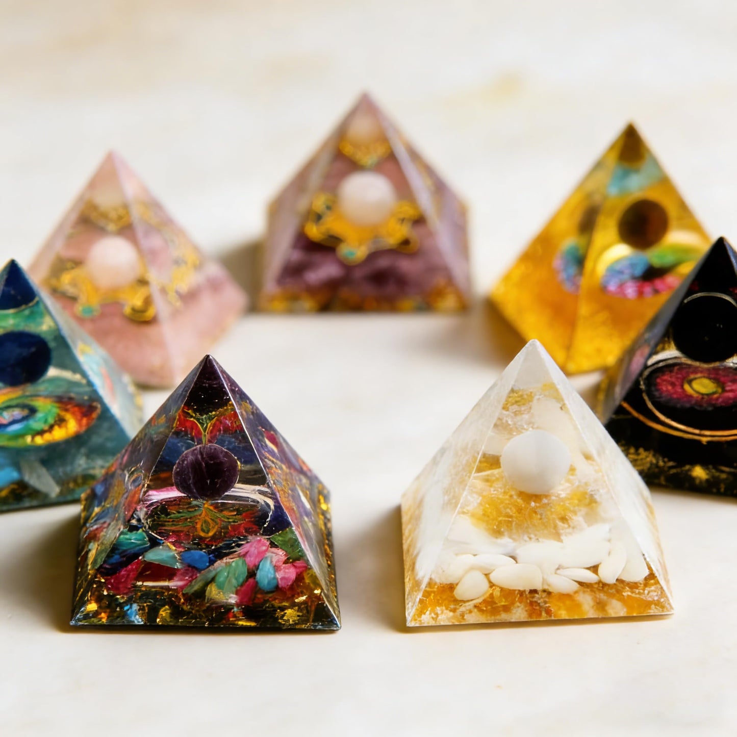 AierCrystal (2inch-7pcs Natural Healing Crystal Pyramid Set —Feng Shui Home Decoration, Chakra Balancing Purification, Energy Healing Meditation Tool, Home Ornament(5cm Pyramid 7pcs Set)
