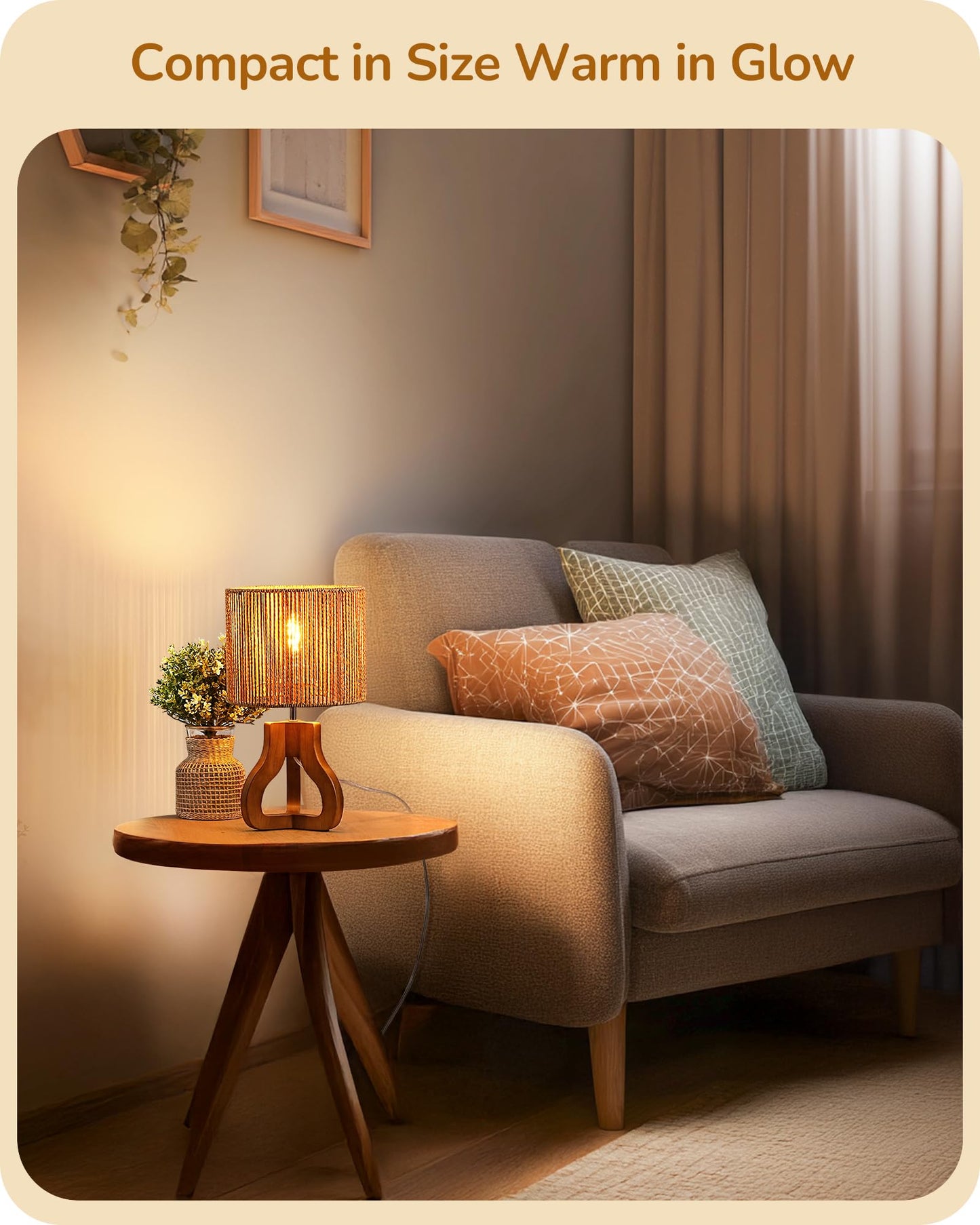 EDISHINE Small Table Lamp, Rose Wood Tripod Nightstand Lamp, Handwoven Paper Rope Shade, 14.6" Rattan Bedside Lamp for Bedroom Living Room, Office, On-Off Line Switch, E26 Base(Bulb Not Included)