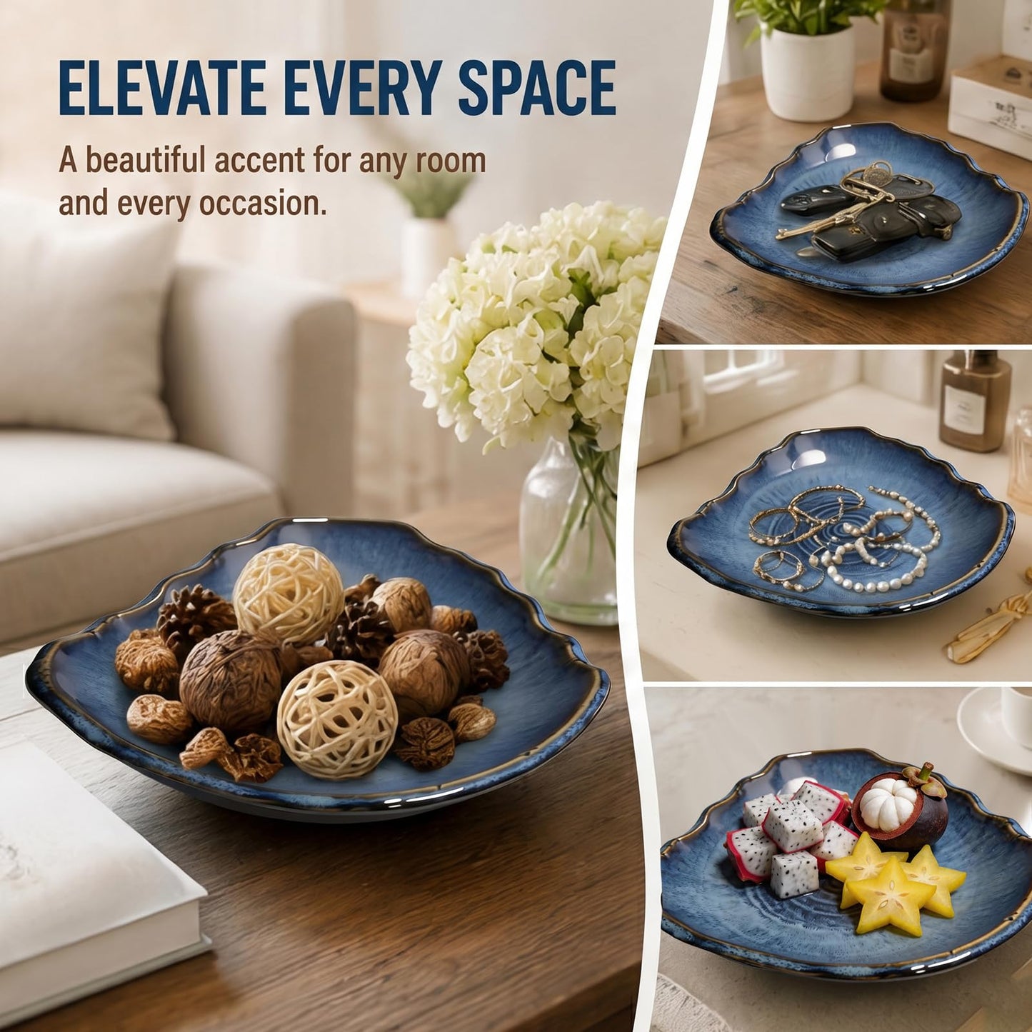 Konnieem Blue ceramic bowl, 10.6-inch wavy-rimmed bowl with a textured kiln-change glaze finish, ideal for serving fruit and desserts or as a decorative piece for the home
