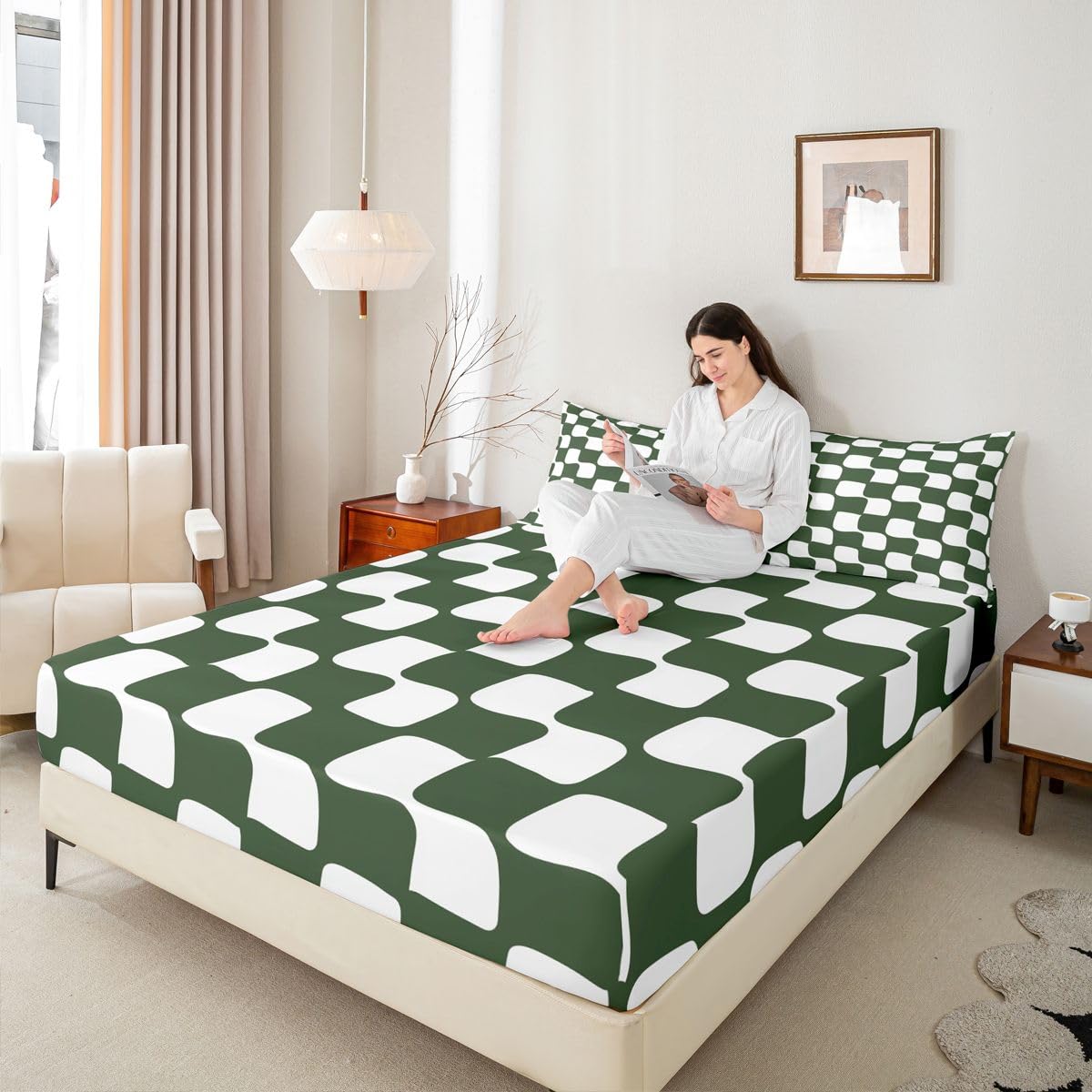 jejeloiu Checkered Grid Fitted Sheet Full Size for Kids Boys Girls Buffalo Plaid Bed Sheets Set 16" Deep Pocket Soft Breathable Microfiber Green White Bedding with 2 Pillowcases Geometric Room Decor