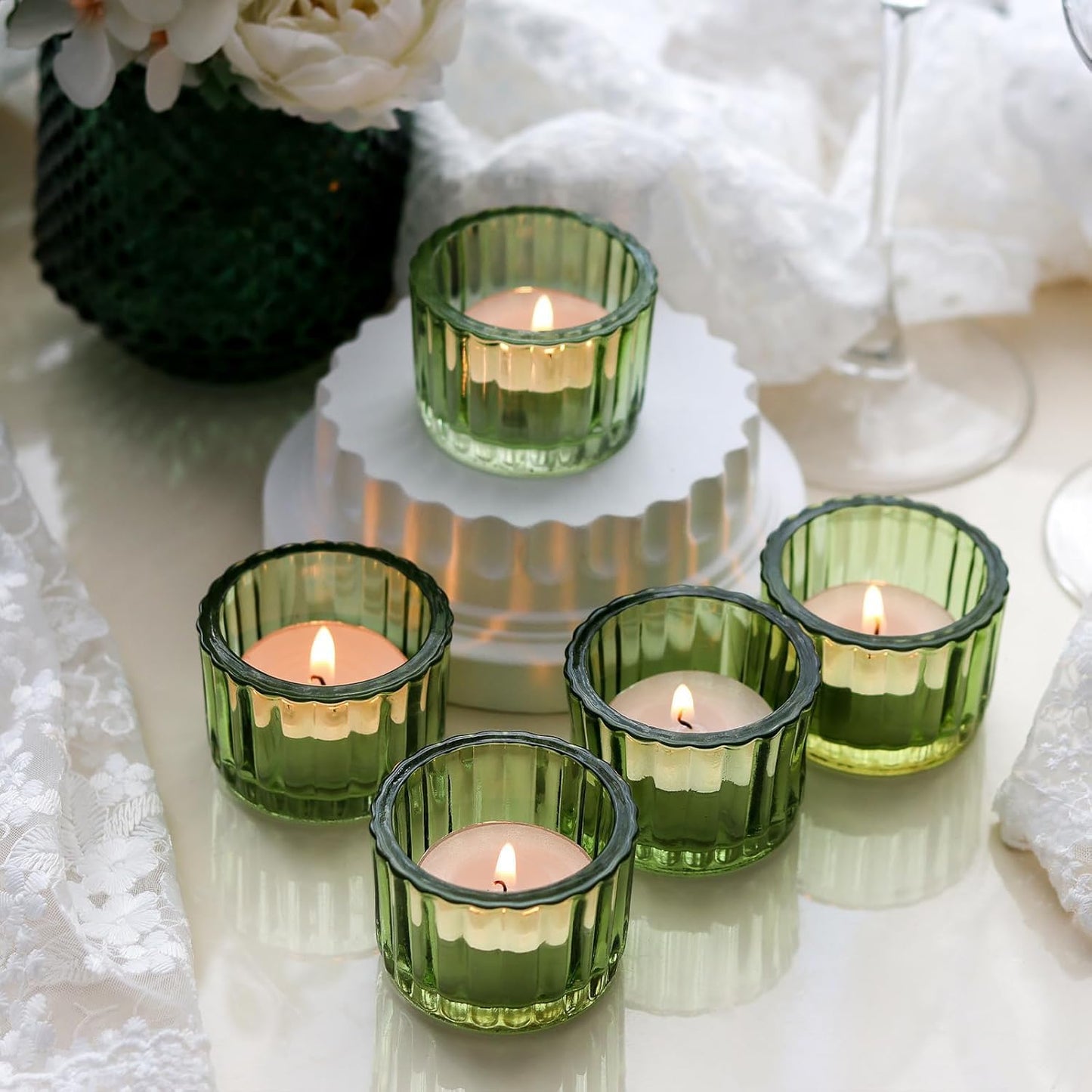 Filltown Green Tea Light Candle Holders Set of 12, 5cm x 3.5cm Glass Tea Light Holders for Table Centerpiece, Mini Votive Candle Holders for Weddings, Birthday Parties, Home Decor, Table Decor