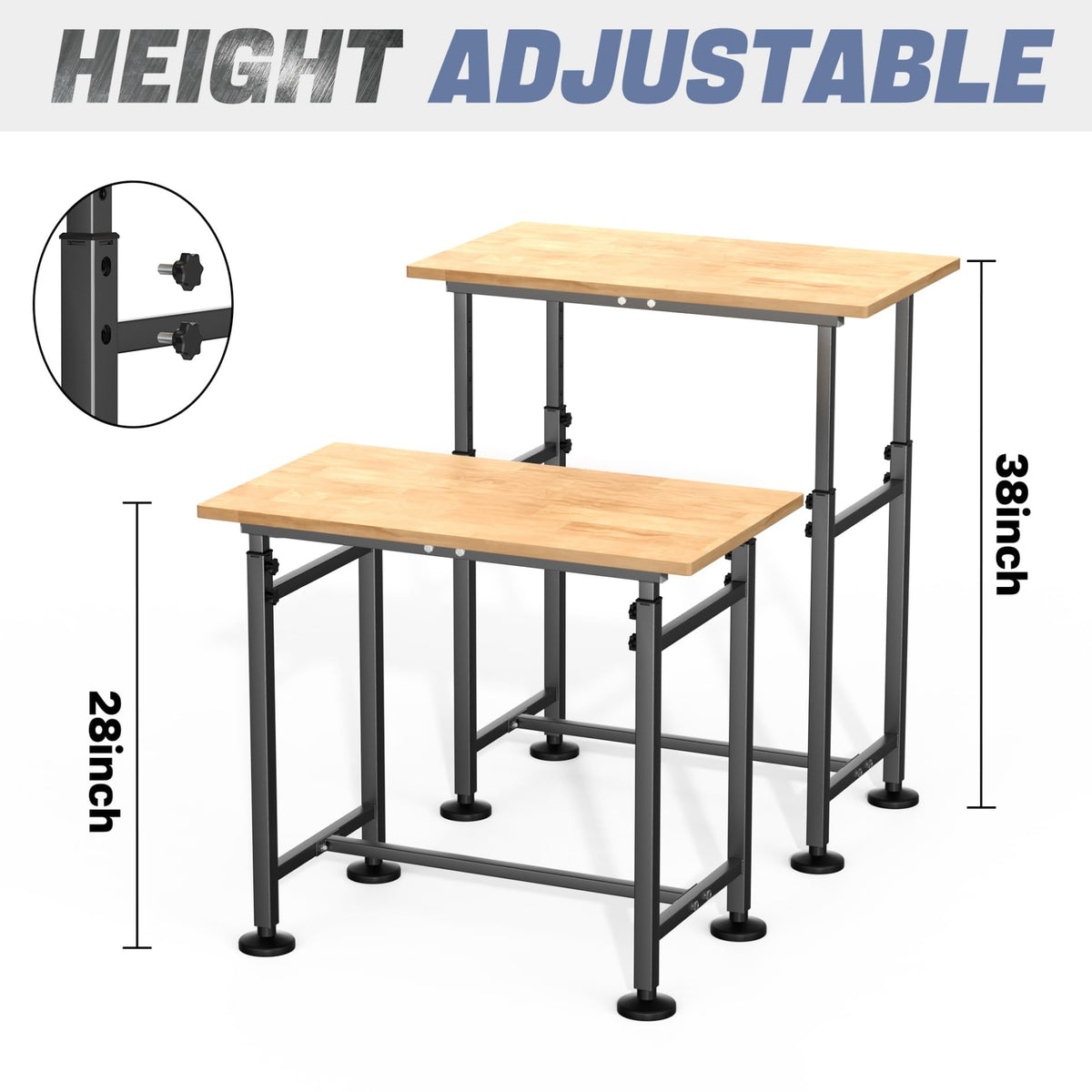 WALMANN Heavy Duty Adjustable Height Workbench 32" x 18", Rubber Wood Top Work Table for Garage, Workshop, 1500 lbs Load Capacity