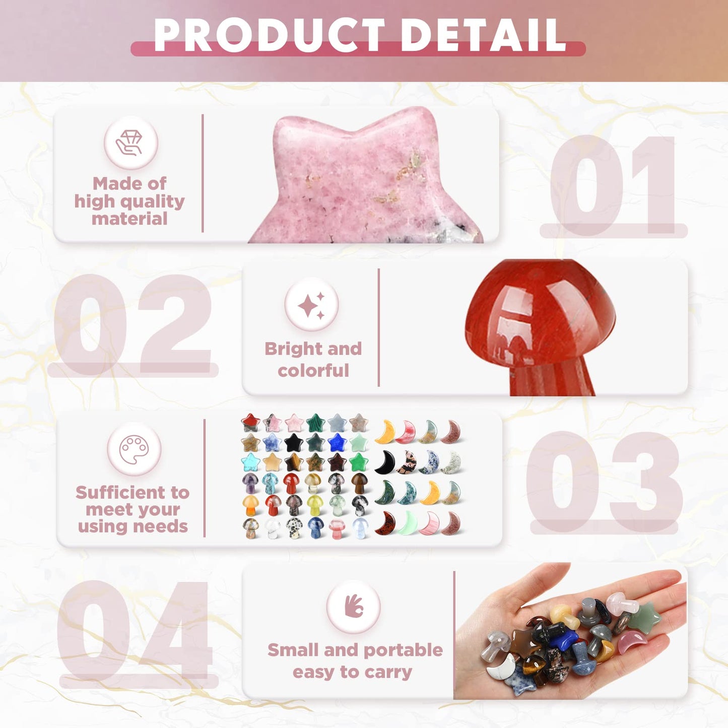 Nuenen 54 Pieces Worry Stones Mushroom Moon Star Shaped Crystal Bulks Mini Thumb Stones Sculpture Decor Gemstones and Crystals for Witchcraft DIY Meditation Balancing(Elegant Style)