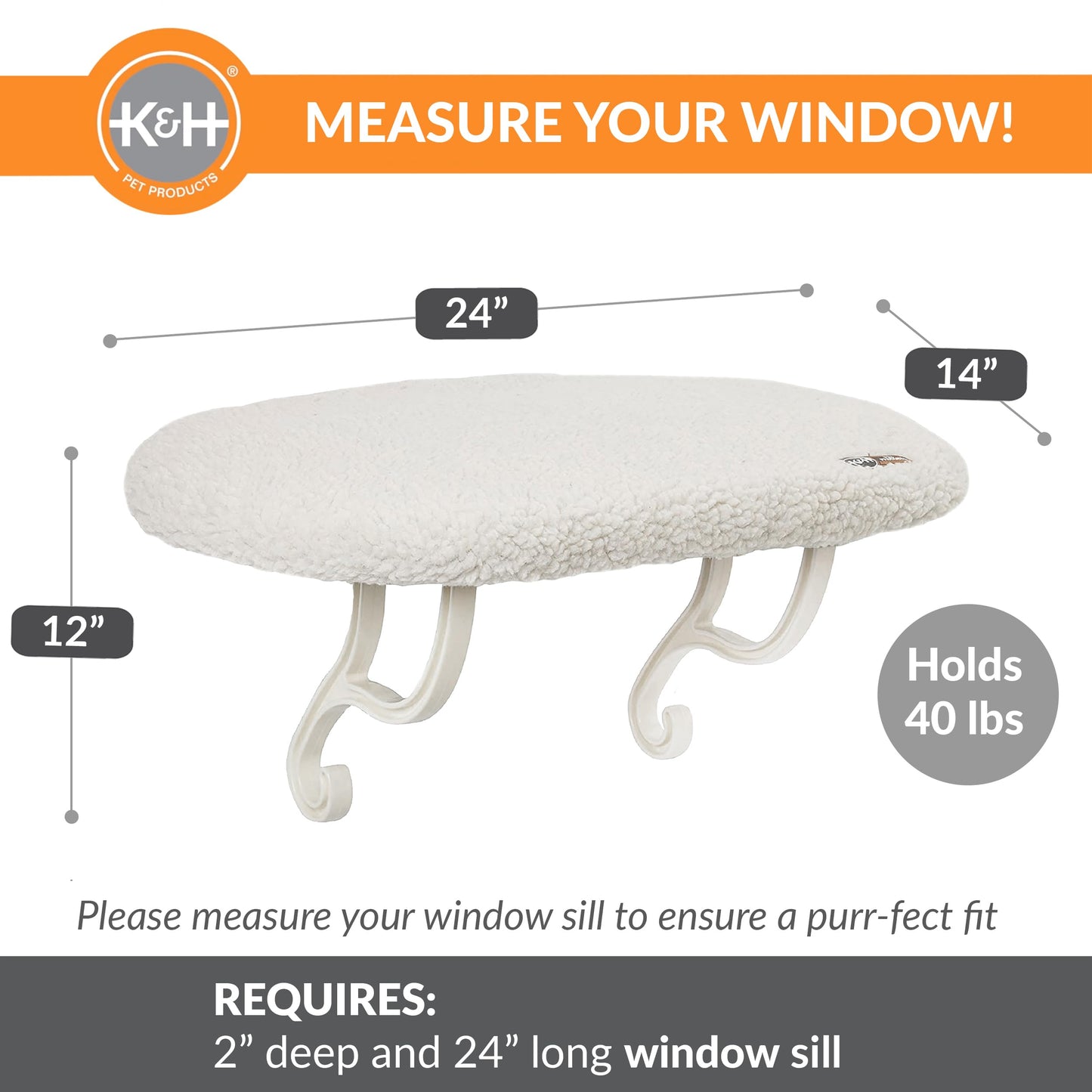 K&H Pet Products Kitty Sill Cat Window Hammock Perch Bed, Soft Fleece Cover, Easy Fit, Machine Washable Cover, 35.5cm x 60.96cm, Cream