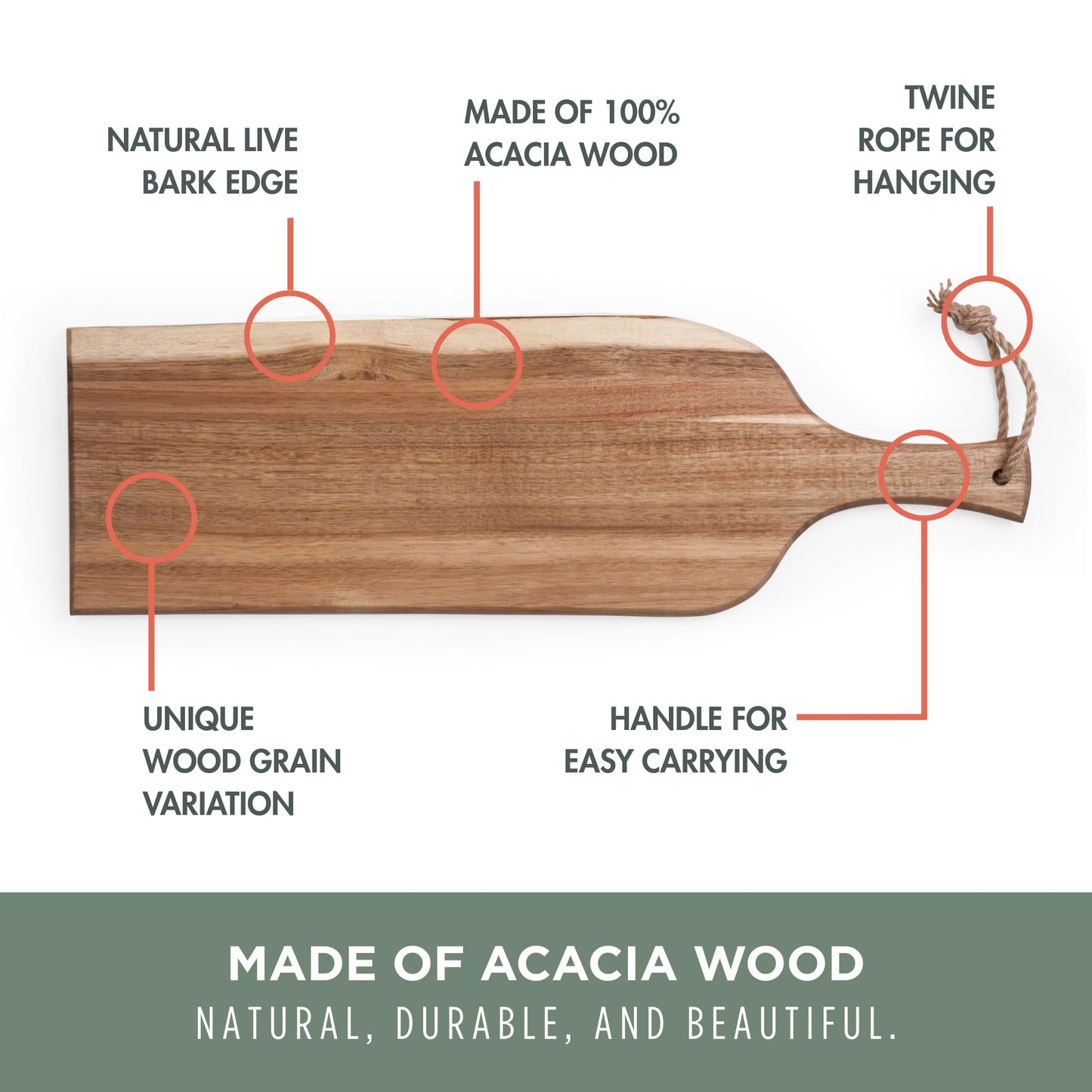 PICNIC TIME Artisan 24" Acacia Charcuterie Board with Raw Wood Edge, Wooden Cutting Board with Handle, All-Purpose Serving Platter, Decorative and Reversible Serving Plank (Acacia Wood)