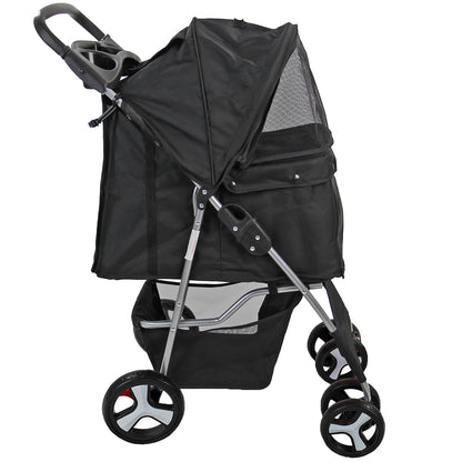 Foldable Pet Stroller with Weather Protection and Swivel Wheels 15 kg Carrying Capacity - Black