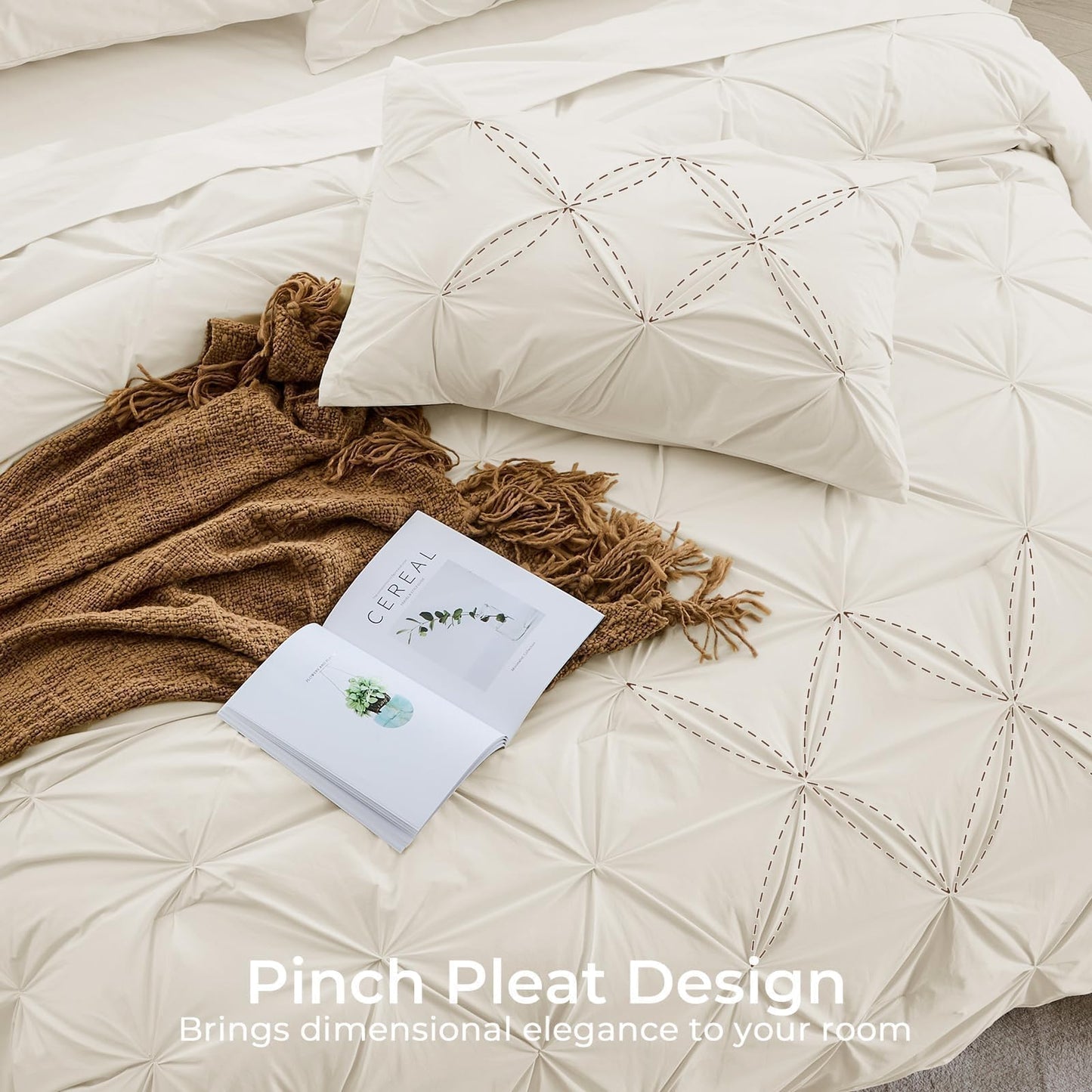 Sasttie Full Size Comforter Set, 7-Piece Bed in a Bag Double, Pintuck Bedding Set for All Season, Includes Comforter, Flat Sheet, Fitted Sheet, Pillowcases and Pillowshams, Beige
