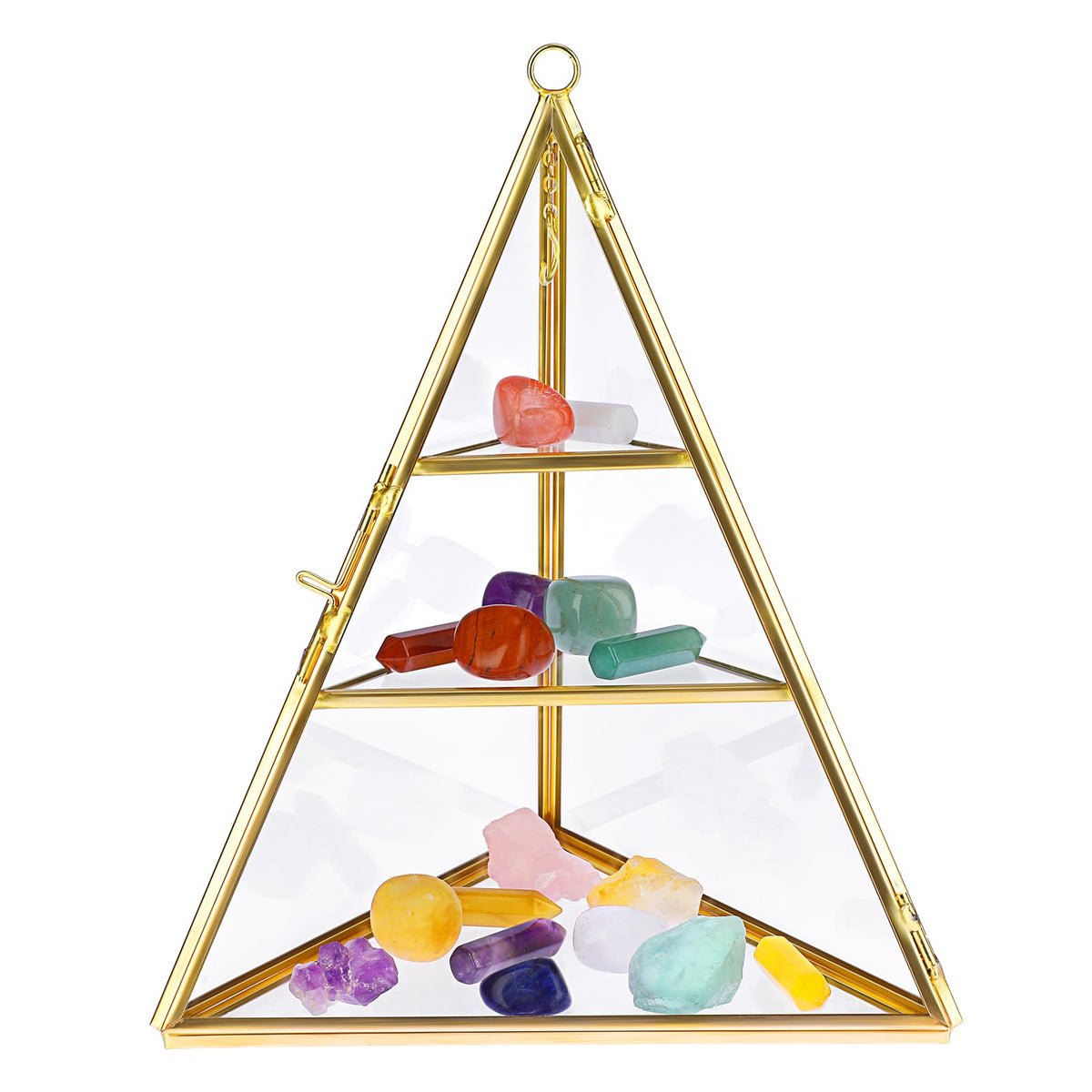 ELLDOO 3 Tier Glass Display Case for Collectibles, Triangular Crystal Display Shelf, Crystal Holder Decorative Display Tray for Crystals Healing Stones Marbles, Gold Metal Jewelry Display Stand