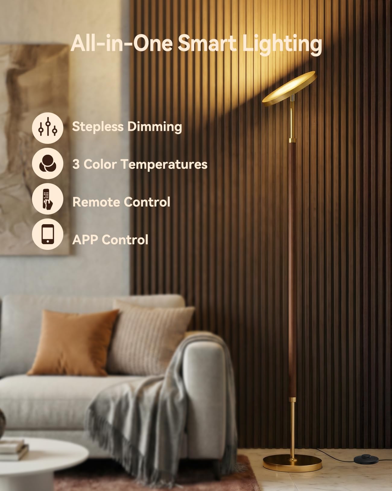 JOOFO Wood Torchiere Floor Lamp, Super Bright Stepless Dimmable LED Uplight Standing Lamp with Remote Adjustable Color Temperature 3000K–6500K with Timer for Living Room Bedroom Office Reading