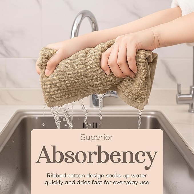 MosJos Kitchen Hand Towels Set of 4 Cotton Ribbed Taupe and White Hand Towels