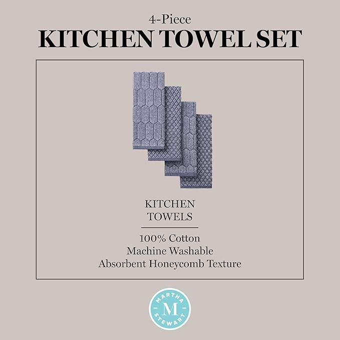 Martha Stewart Honeycomb Chambray Textured Kitchen Towel 4-Pack Set, 100% Cotton