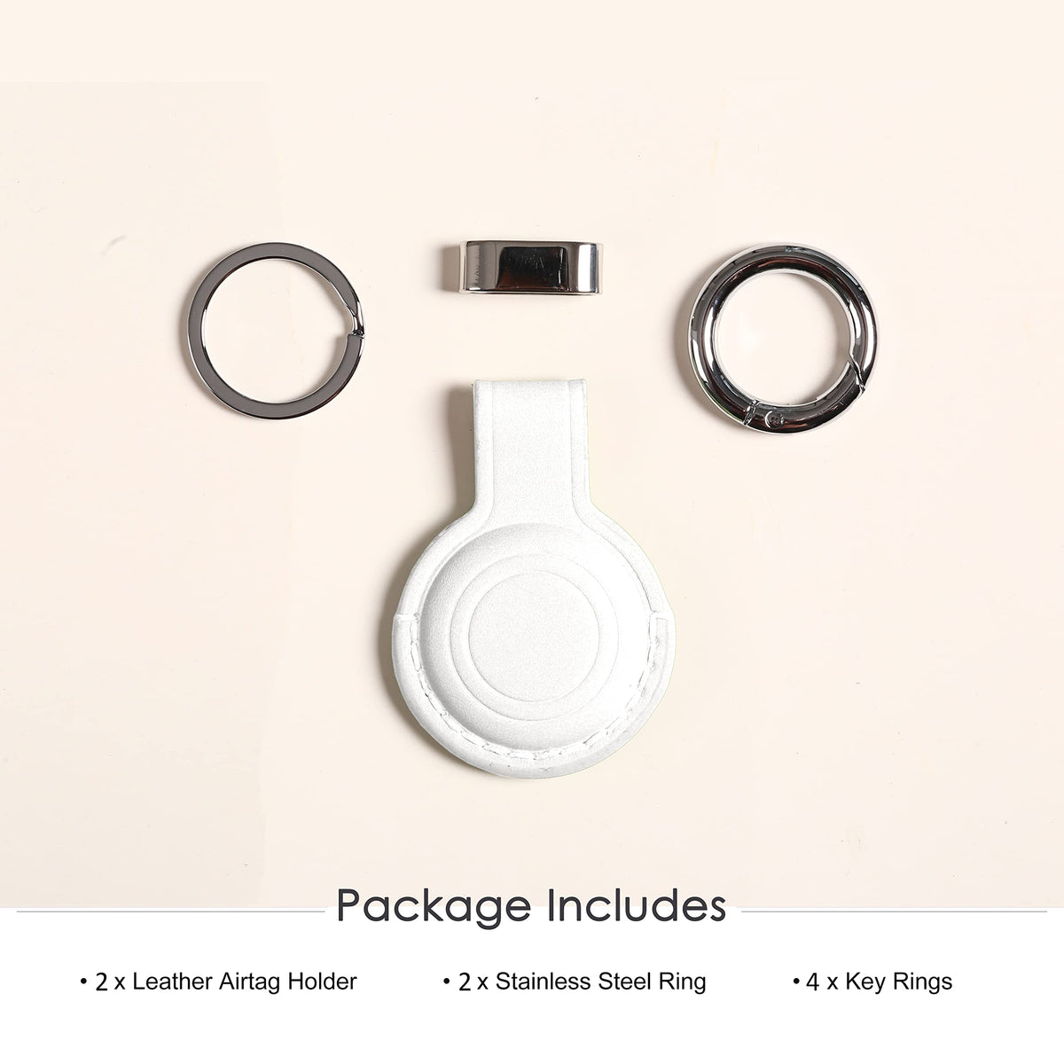 2 Pack KEEPXYZ Genuine Leather Keychain Holder Compatible with Airtag, Secure for Air Tag Keychain Holder Case Cover Key Chain Ring Accessories - White V2.0