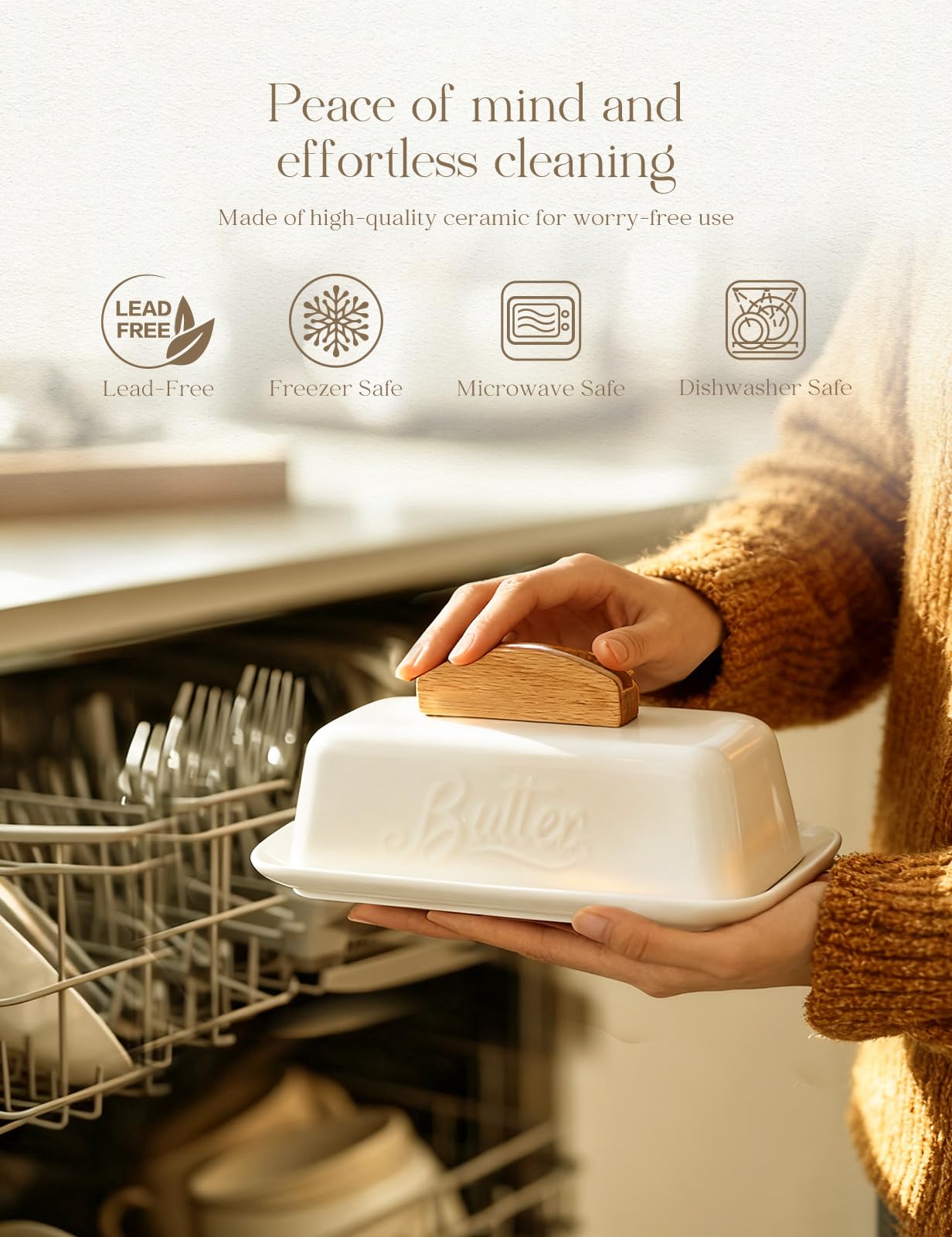 Butter Dish with Lid and Knife Ceramic Butter Holder for Counter Humanized Clamp-able Knife Handle Design, Perfect for East West Coast Butter, White