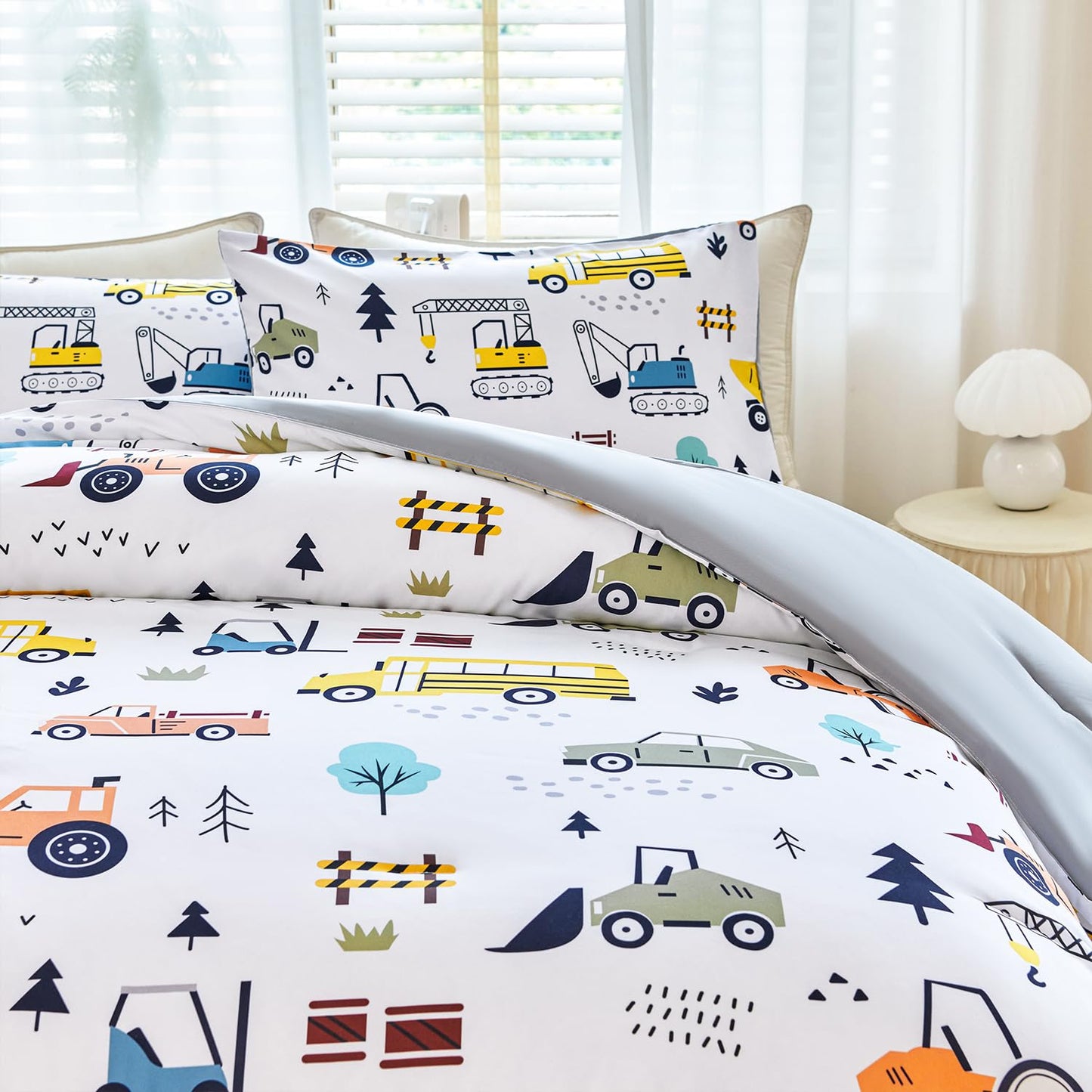 WINLIFE Construction Twin Comforter Set for Boys 3-Piece Teen Kids Bedding Reversible Lightweight Microfiber Forest Vehicles Car Bed Set