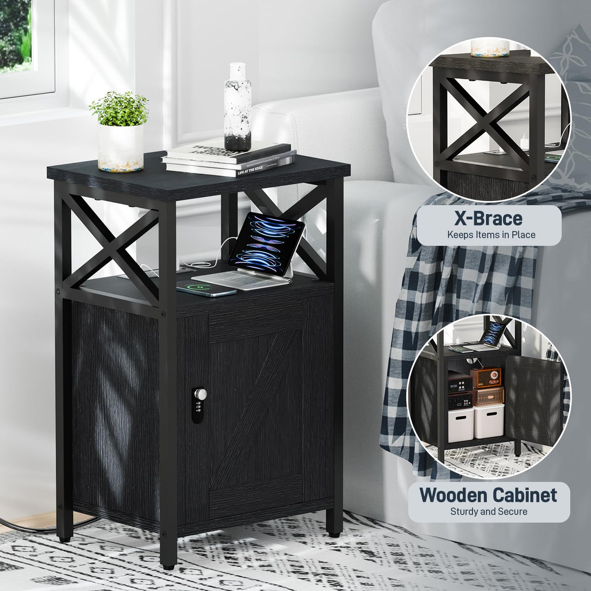 runjuly Wooden Nightstand with Charging Station, Bed Side Table with Drawers, Bedside Table with Lock, 3 USB & 2 Outlets, Night Stand with Cabinet Storage, End Table for Bedroom, Black