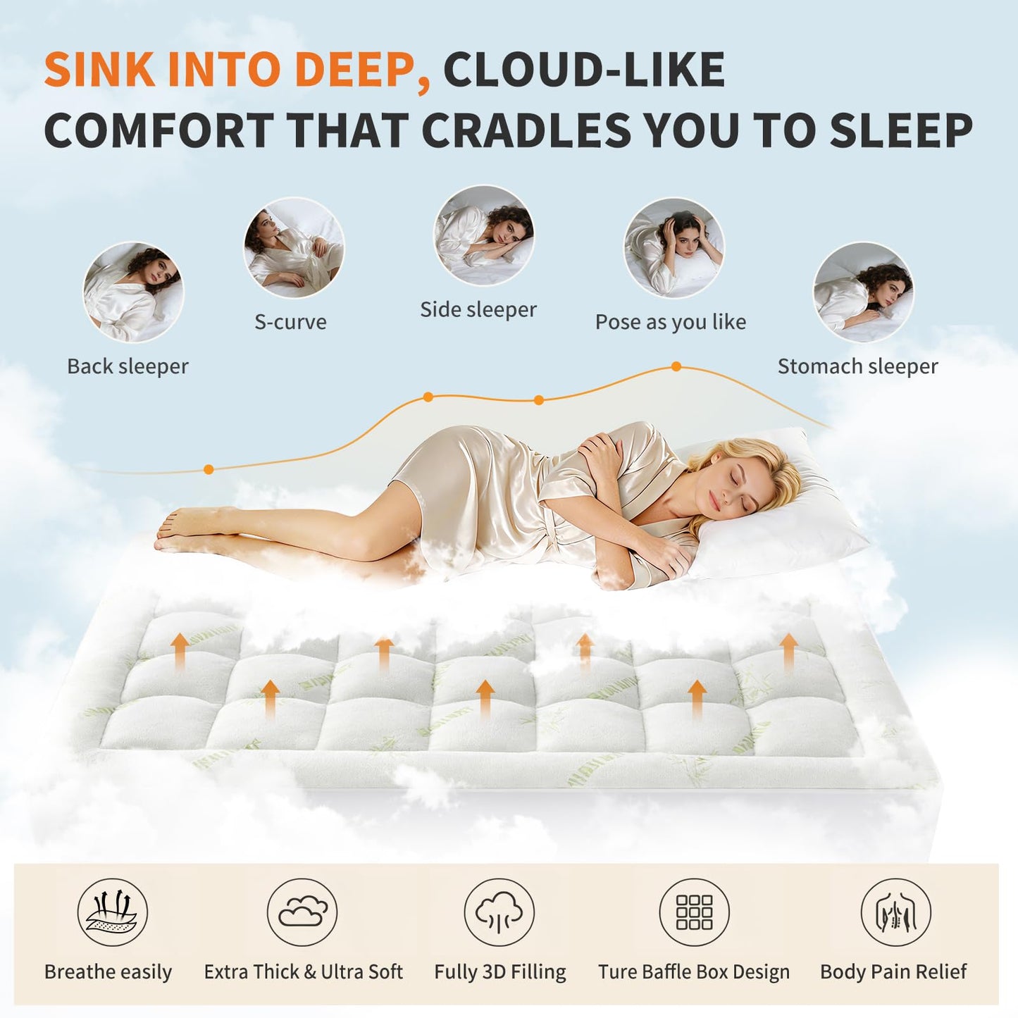 DUMOS Breathable Cooling Topper for Back Pain Relief, Viscose Derived Ultra Soft Pillow Top Mattress Pad with Stretchable Pockets, Full Size Mattress Topper