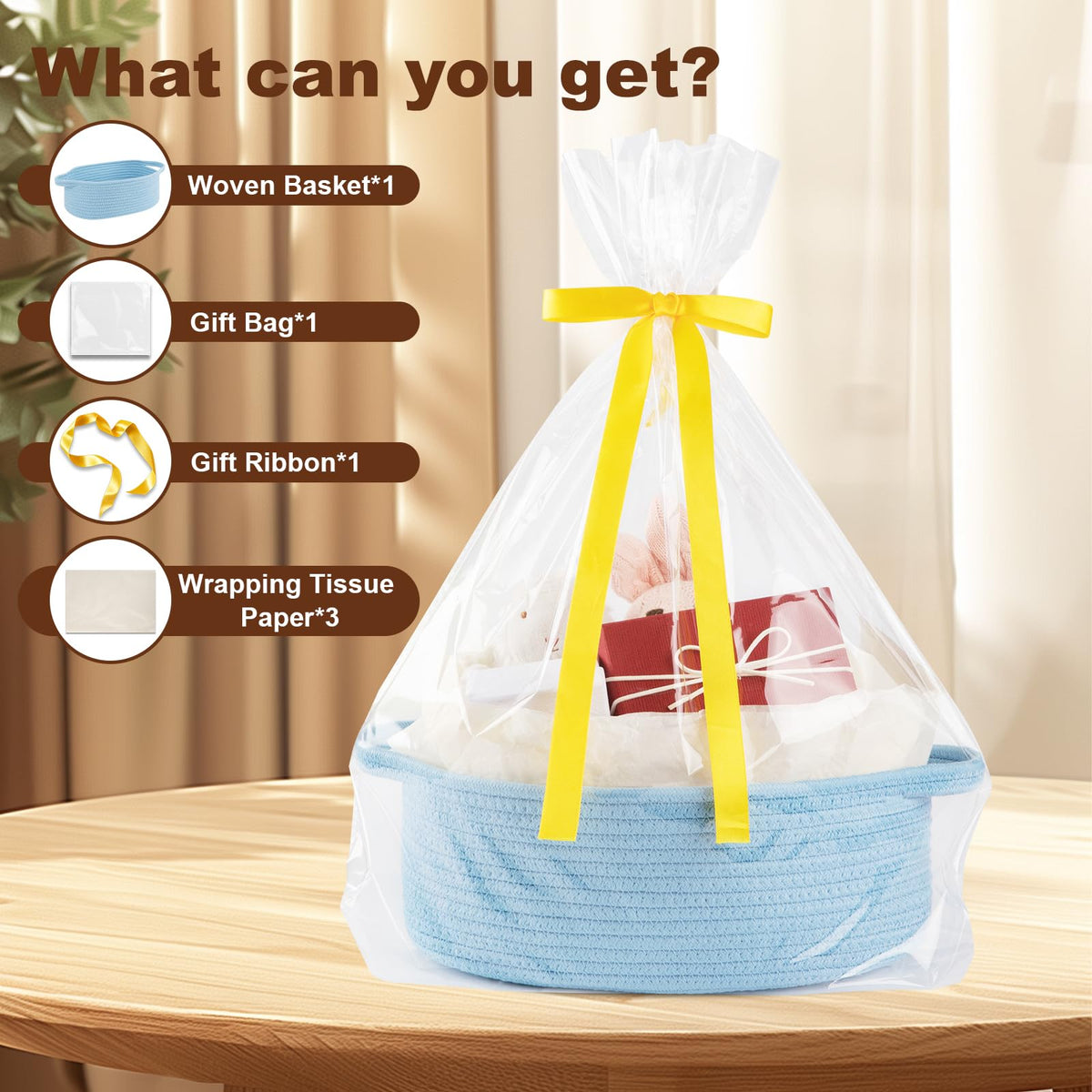 OIAHOMY Gift Basket with Handle, Small Woven Basket with Gift Bag, Ribbon and Wrap Tissue Paper, Nursery Bins Empty to Fill with Small Items, Baby, Pet Toy Organizer - Blue