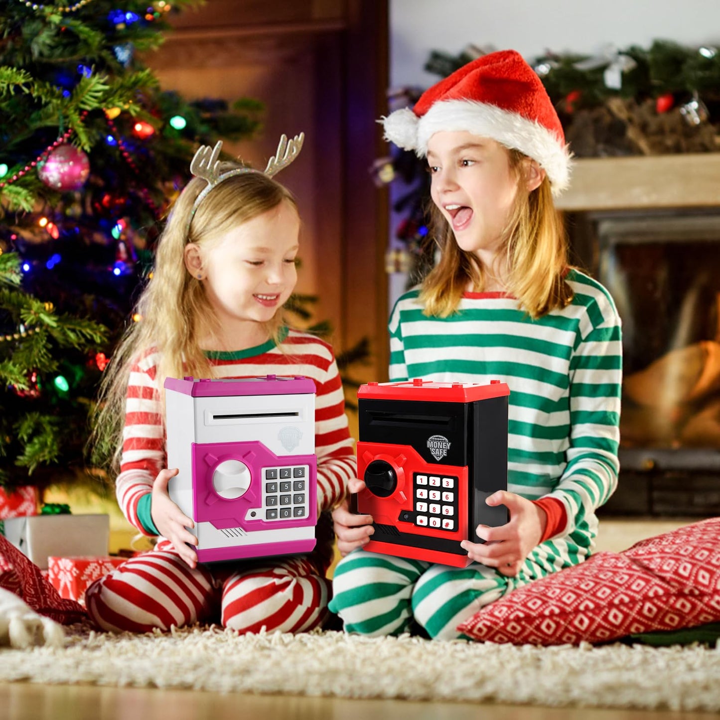 Pup Go ATM Money Box for Girls, Auto Scroll Paper, Password Code Lock Piggy Bank, Cash Coins Saving Box for Kids Age 3 4 5 6 7 8, Perfect Toy Birthday Gifts for Children(Red)