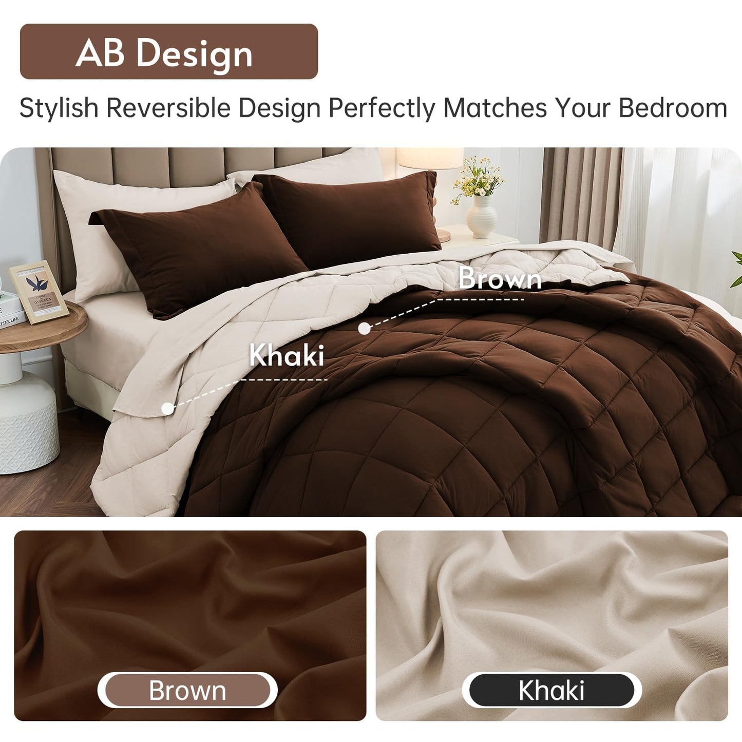 MUXHOMO 7 Pieces Queen Comforter Set, Reversible Bed in a Bag Queen Size, All Season Bedding Set with Comforter, Flat Sheet, Fitted Sheet, Pillowcases & Shams, Brown & Khaki