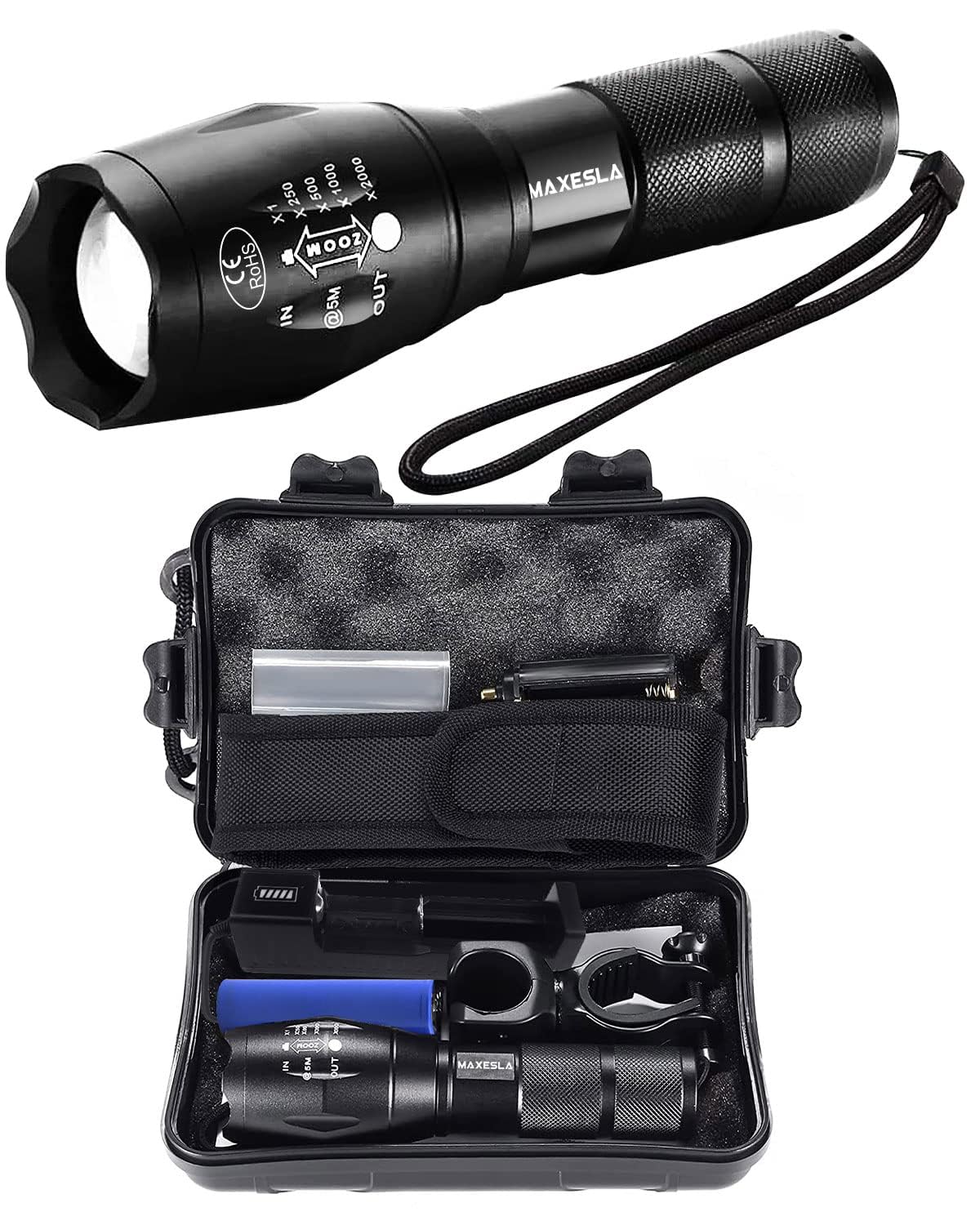 Maxesla Rechargeable LED Torch Set High Lumen, IP65 Waterproof, 5 Modes, Zoomable Pocket Torch Led Super Bright Flashlight, Battery Powered Torch for Camping, Hiking, Outdoor, 18650 Battery Included