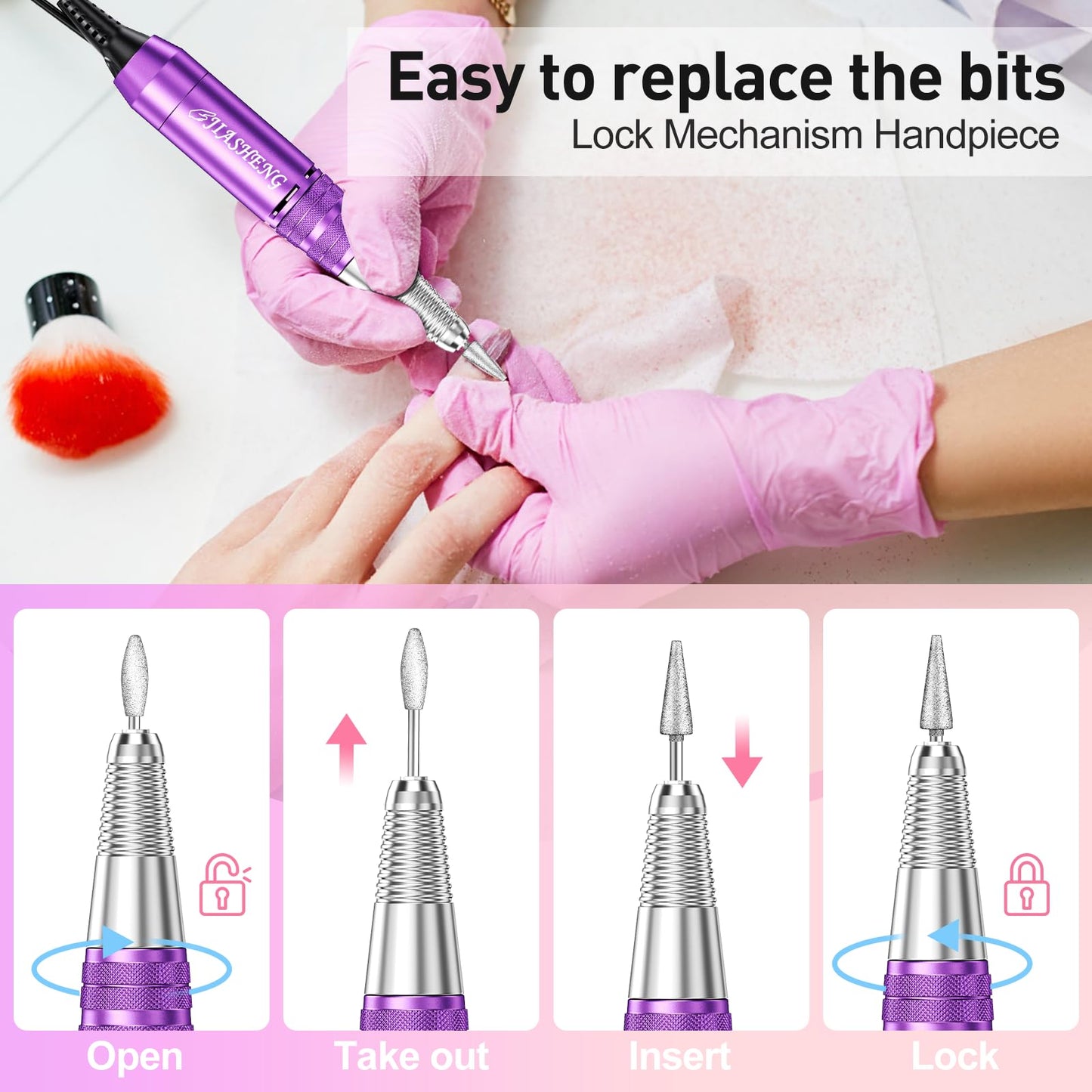 20000RPM Electric Nail Drill Professional Nail File Drill Acrylic Nails Kit for Manicure Gel Nail Polish Remover with 1 Pack of Sanding Bands(Pink)