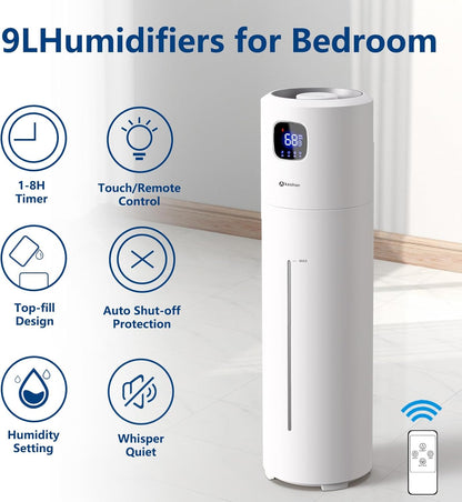 Large Humidifiers for Bedroom, 9L/2.5Gal Ultrasonic Cool Mist, Easy Clean with 350ML/H Large Mist Speed, Quiet Tower, Suitable for Kids Room Plant Yoga (White)