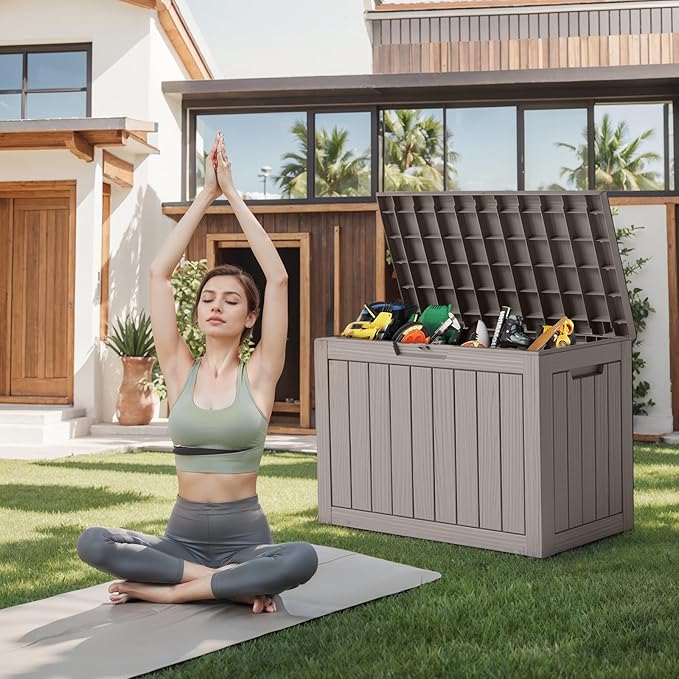 DRATO 45 Gallon Deck Box, Outdoor Storage Box for Patio Furniture, Patio Cushions, Gardening Tools, Pool Supplies 480lbs Weight Capacity,Waterproof Resin Storage Boxes（Grey，45 Gallon）