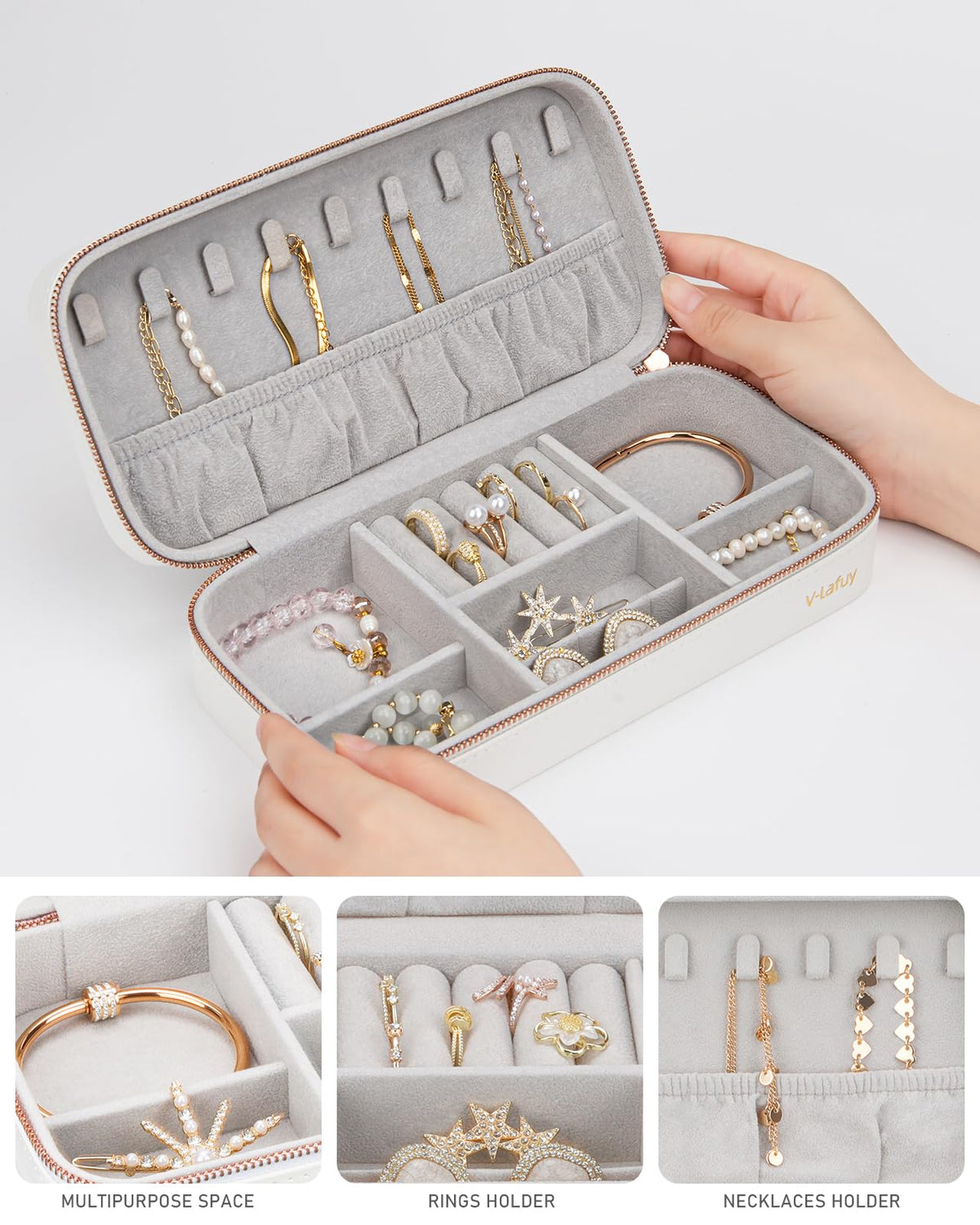 V-LAFUY Jewelry Box Small Jewelry Boxes, PU Leather Portable Travel Jewelry Case, Large Capacity for Rings Earrings Necklaces Bracelets Watch, White C