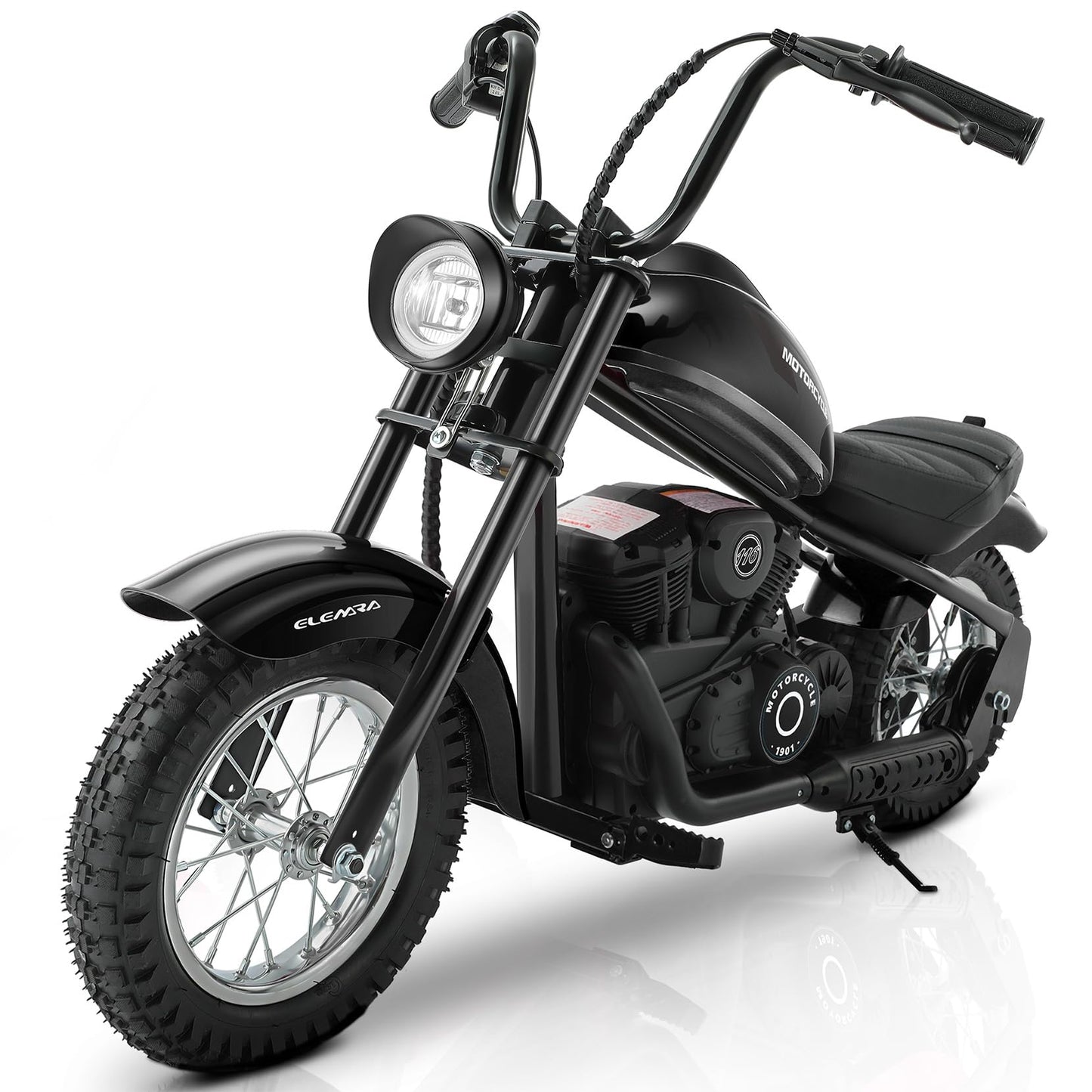ELEMARA Electric Dirt Bike, 15 mph & 150lb Max, 24V Ride on Toy for Big Kids w/LED Lights & Power Display,Chain-Driven Motor,Twist-Grip Throttle, Shock Springs,Handbrake,12" Air-Filled Tires-Black