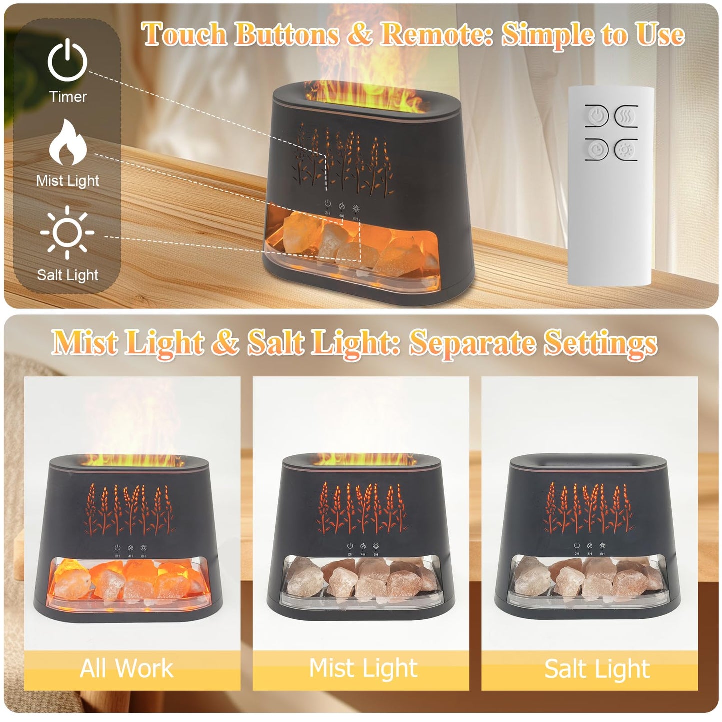 Fireplace Flame Diffuser & Himalayan Salt Lamp, 8 Colors Aromatherapy Diffuser Cool Mist Humidifier with Timer Auto Off Function for Home, Bedroom, Offie,Yoga
