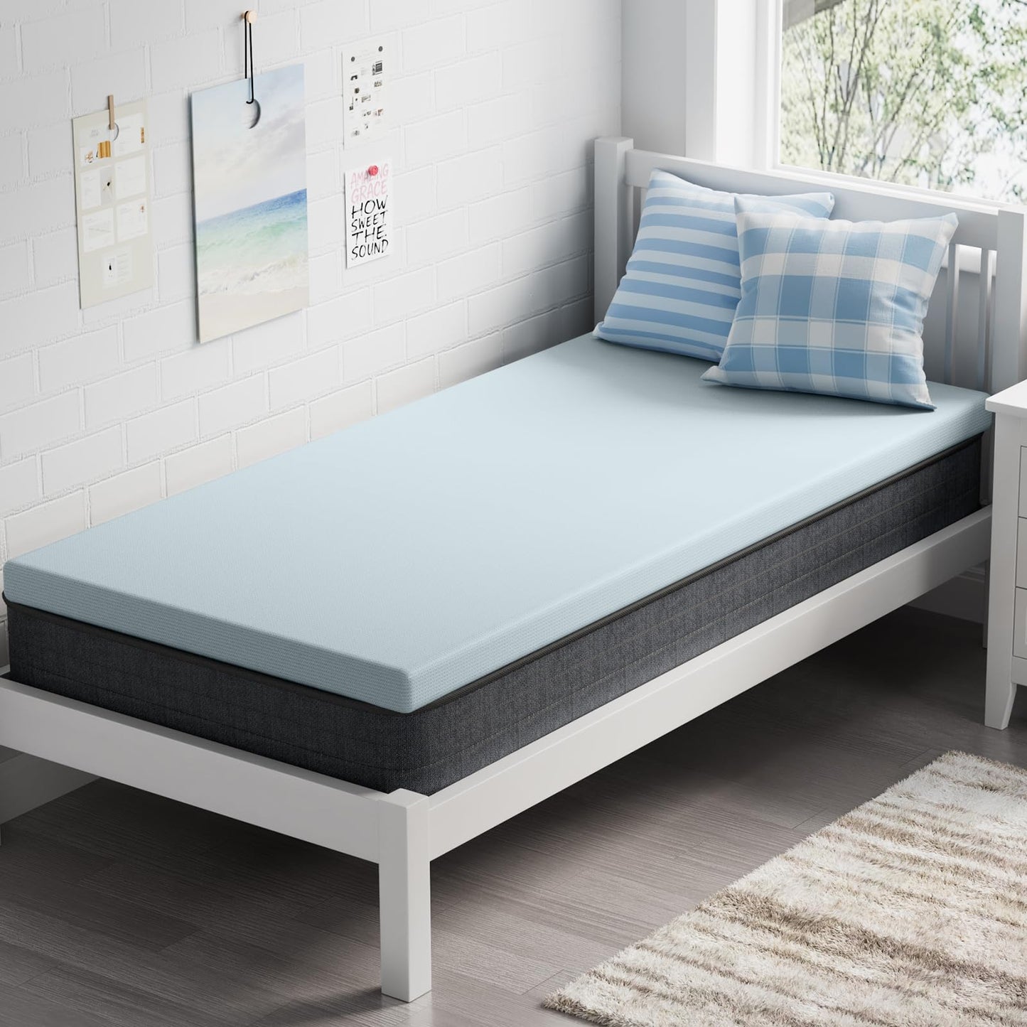OhGeni 2 Inch Twin Size Memory Foam Mattress Topper Pad with Cover, Soft Bed Cover with Anti-Slip Base, Enhanced with Cooling Gel，Removable & Washable，College Dorm Room Essential