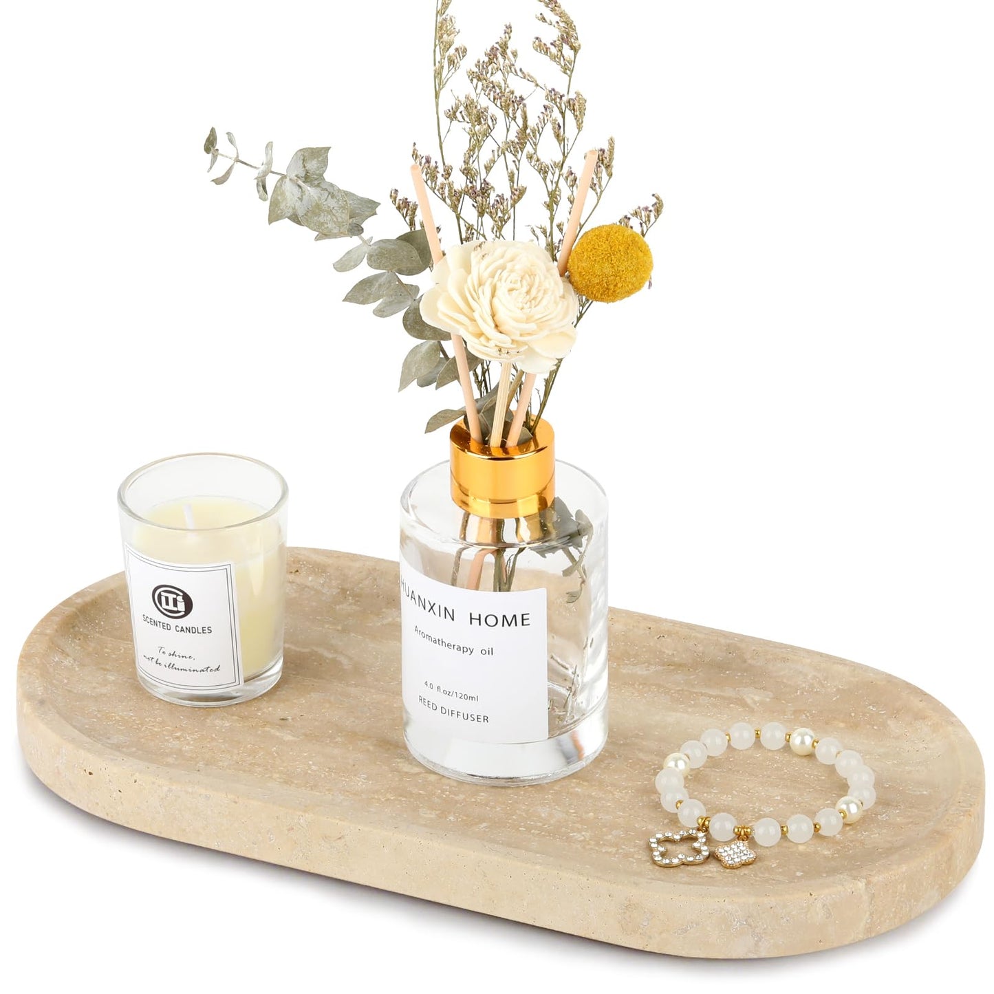 Moujings Natural Travertine Vanity Tray - Decorative Stone Marble Tray for Bathroom Countertop, Elegant Organizer for Home Decor, Jewelry, Candle, Makeup, Kitchen and Dresser Decor