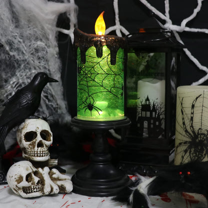 DRomance Halloween Flameless Candle Snow Globe Battery Operated with 6 Hour Timer, Green Light Spider Decal Water Tornado Lamp LED Candlestick Halloween Season Decor Gift 4 x 10 Inches