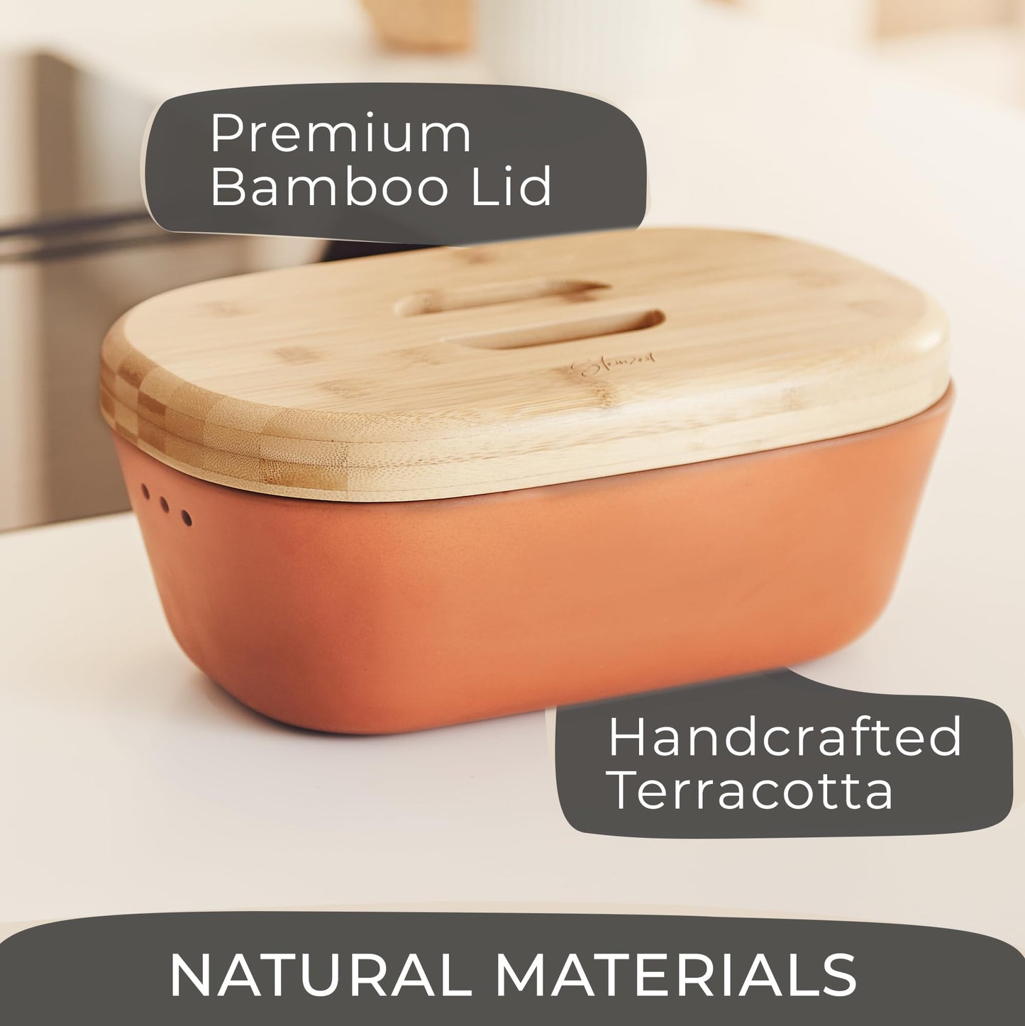 Steinzeit Bread Box Made from Breathable Terracotta (9.8x5.1x3.9 inches) - Keeps Bread Fresh Longer - Bread Box for Kitchen Countertop - Bread Storage for Homemade Sourdough Bread