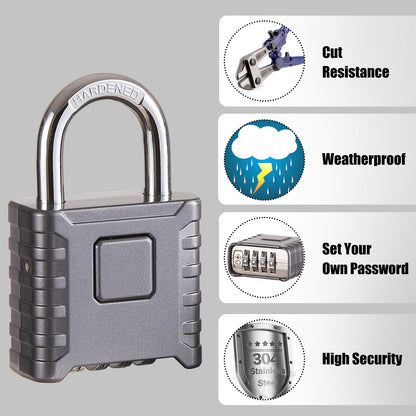 1 Pack disecu Heavy Duty 4 Digit Combination Lock, One Touch Unlocking, Anti-Error Feature, High Security Waterproof Large Outdoor Padlock for School Gym Locker, Fence, Gate, Storage Unit (Grey)