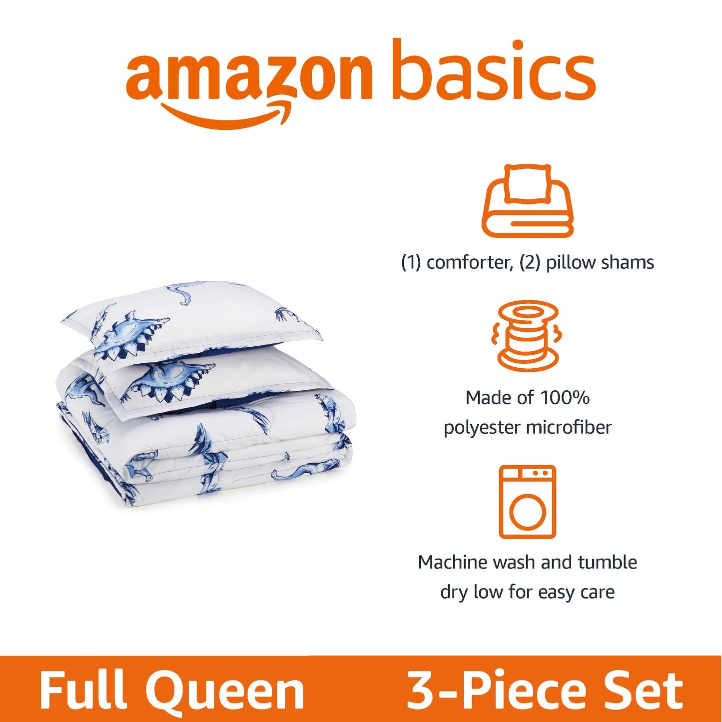 Amazon Basics 3-Piece Microfiber Kids' All Season Comforter and Pillow Sham Set, Full/Queen, Dinosaurs, Animal Print
