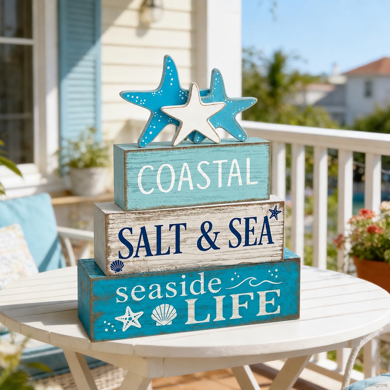 4 Pcs Summer Beach Table Decor Starfish & Seashell Coastal Nautical Wooden Block Signs, Rustic Farmhouse Tiered Tray Decorations for Home Bathroom Office Desk Shelf Mantel
