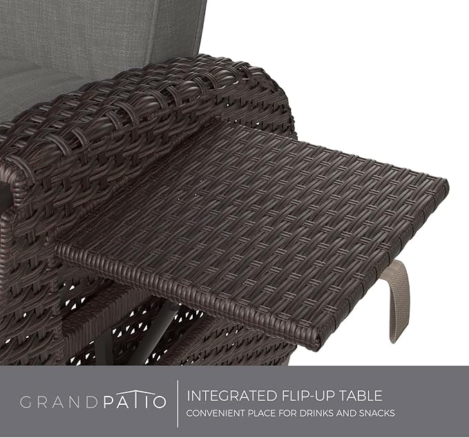 Grand patio Outdoor Recliner Air Pump 150° Lay Flat Reclining Chair with Independent Adjustable Back and Footrest Removable Olefin Cushion Flip-Up Table Wicker Grey 2PCS